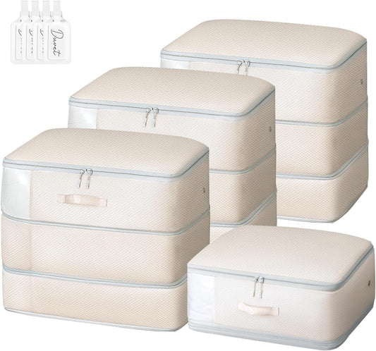Comforter Storage Bag - Large Capacity Blanket Storage Bags 3-Layer Ultra Space Saving Self Compression Organizer, Washable Compression Bags for Storage Comforter Blanket, 4-Pack, Beige