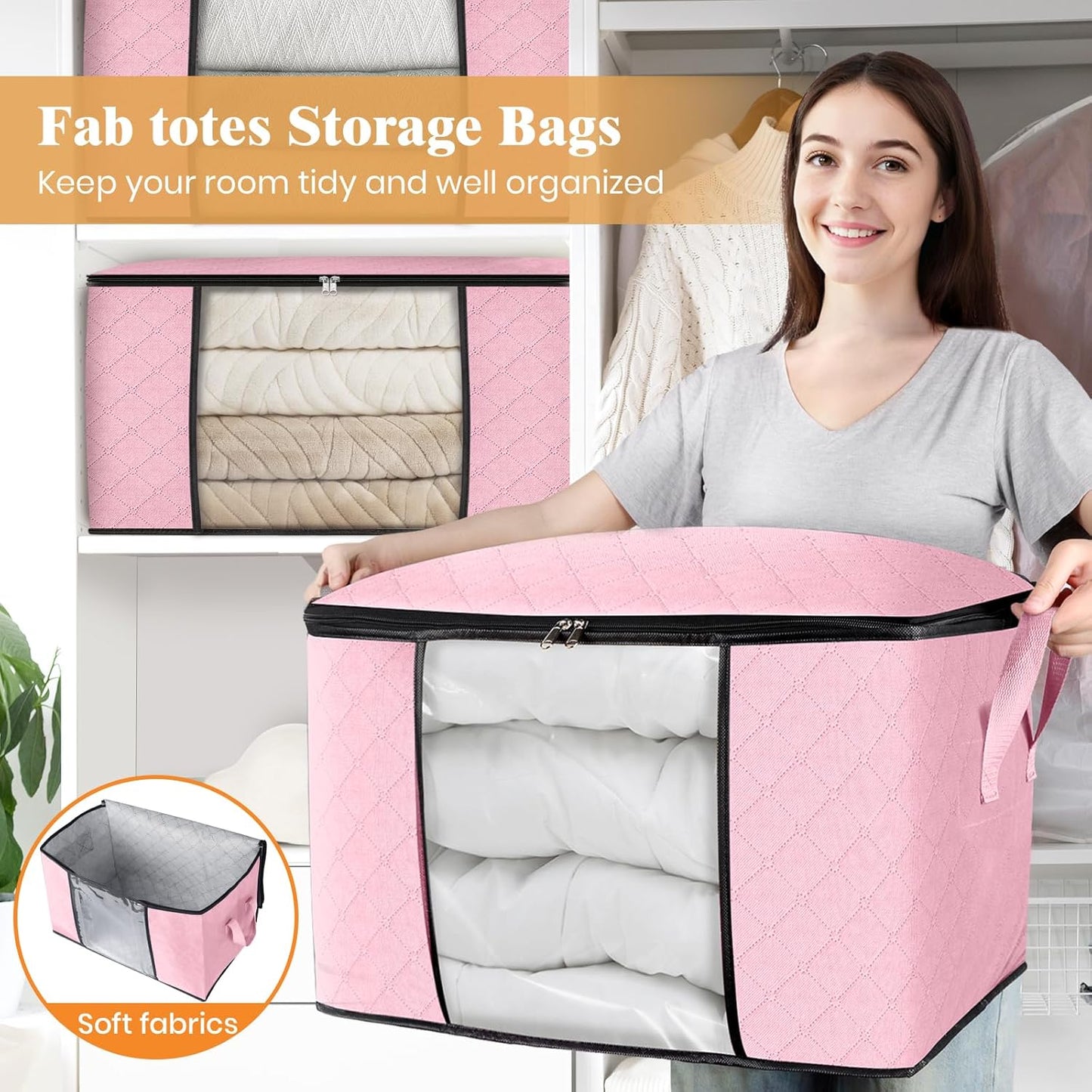 Fab totes 24 Gallons Clothes Storage, Foldable Thick Fabric Blanket Storage Bags, Containers for Organizing Bedroom, Closet, Clothing, Comforter, Organization with Handle (8 Pack,Pink)