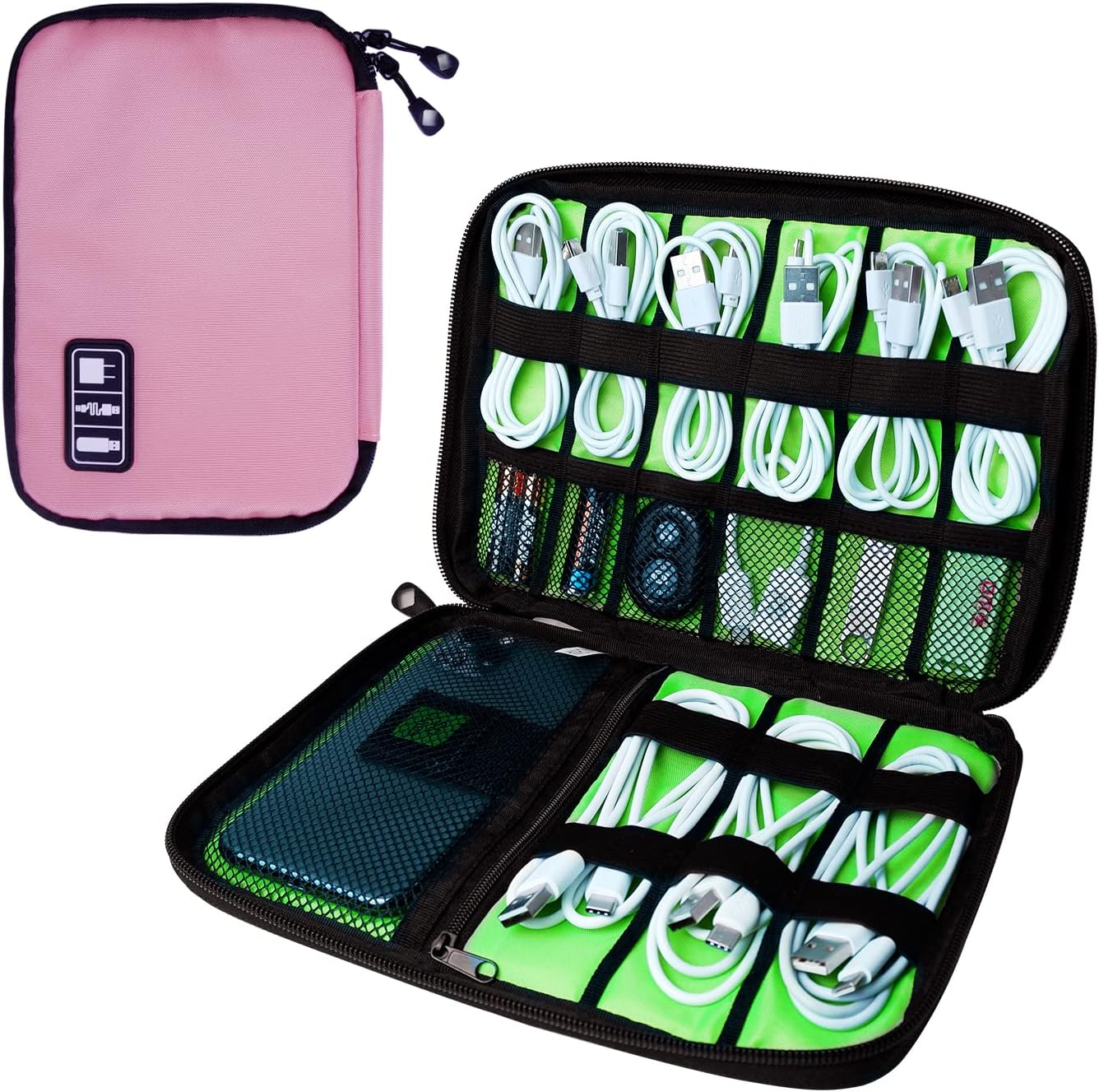 Electronics Travel Organizer,Portable Waterproof Electronic Travel Storage Bag for Small Charging Cord Storage,Charger,SD Card etc,for Travel,Business -Pink Green
