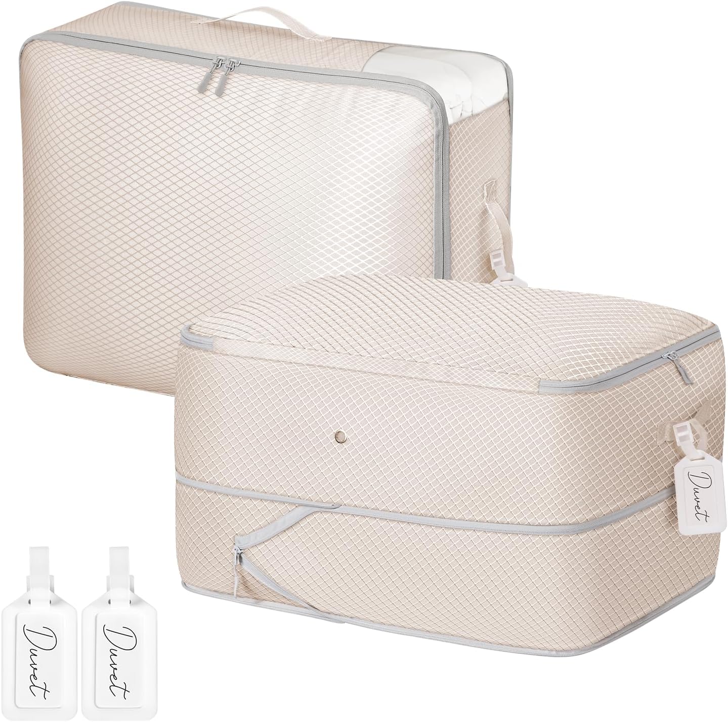 DIMJ 66L Comforter Storage Bag - 2 Pack Space Saving Self Compression Bags for Blankets, Duvets, Pillows, Bedding, and Down Jackets with Clear Window and Handle