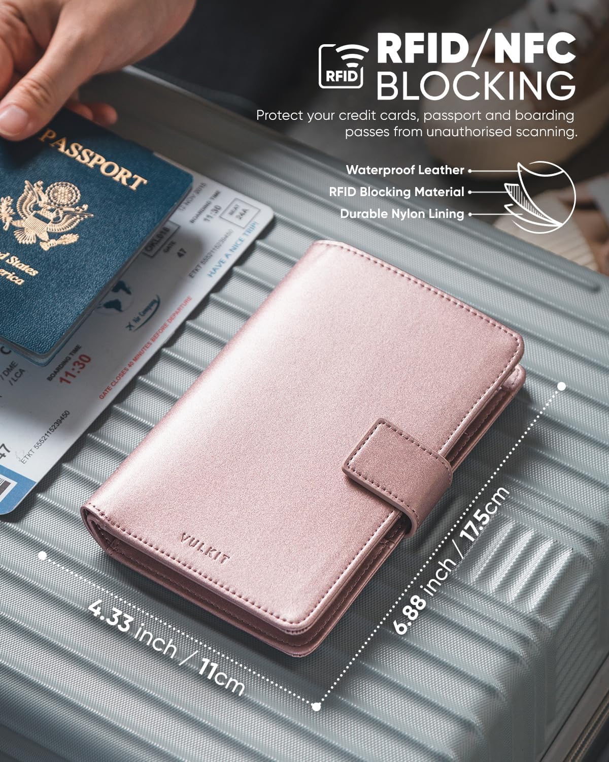 VULKIT Passport Holder with Airtag Holder RFID Blocking Passport Wallet Travel Leather Passport for Women(Pearl Pink)