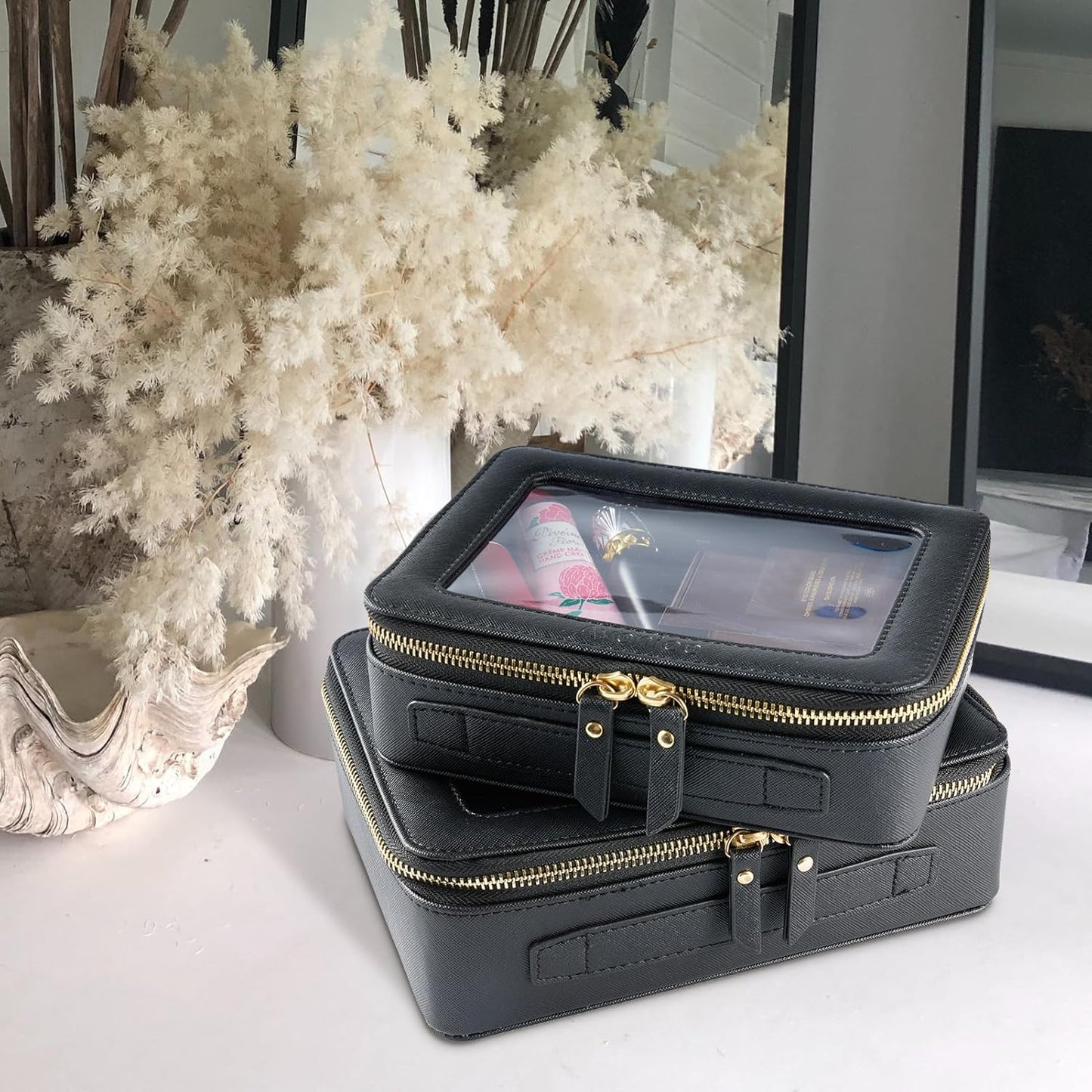 Aveniee Clear Makeup Bag Organizer,Large Travel Toiletry Bag for Women, Waterproof Cosmetic Pouch with Zippers,Car Organizers and Storage Case for Accessories,Black