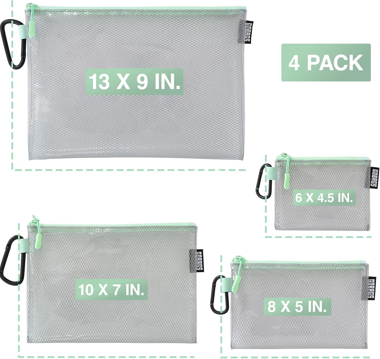 GOBAGS Air Production Multi‑Size Clear Zipper Pouch (4‑Pack) – Cable Organizer & Travel Gear Bag for Electronics, Camera Accessories, Tool Pouch & Small Tech Storage (Mint Green)