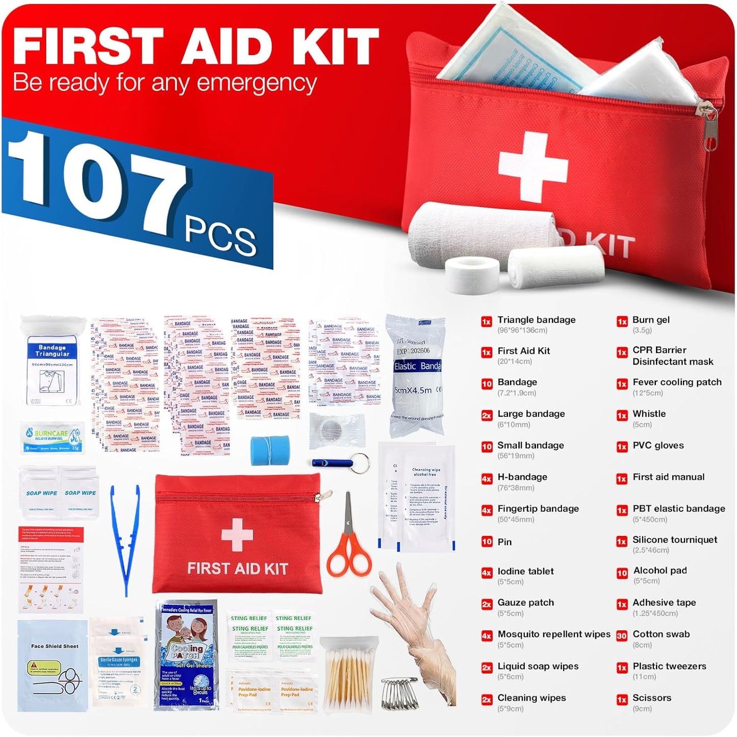First Aid Kit for Home Car Travel 107 Piece Emergency Kits for Hiking Camping Small Trauma Kit for Boat Vehicle Lightweight Compact Pocket Aid Kit for Sports Outdoor Survival