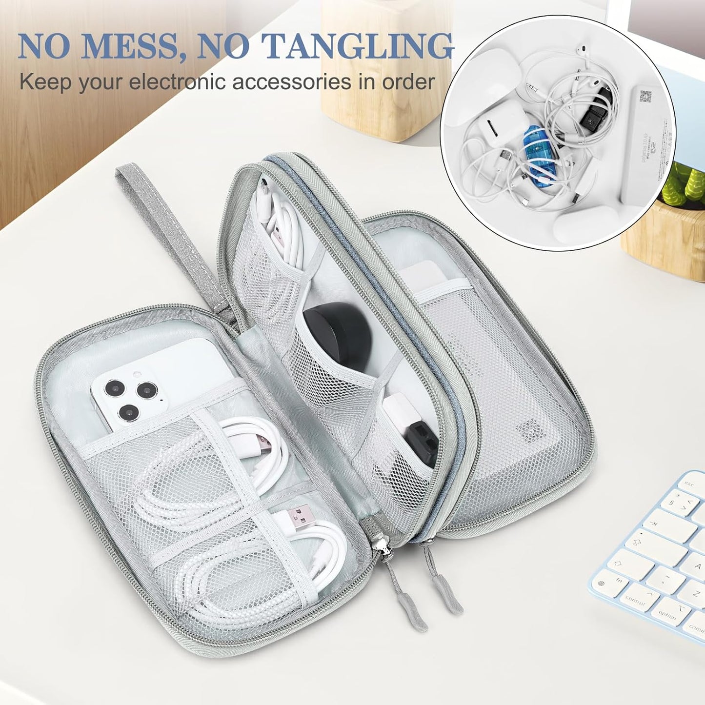 FYY Electronic Organizer, Travel Cable Organizer Bag Pouch Electronic Accessories Carry Case Portable Waterproof Double Layers Storage Bag for Cable, Charger, Phone, Earphone, Medium Size- Light Grey
