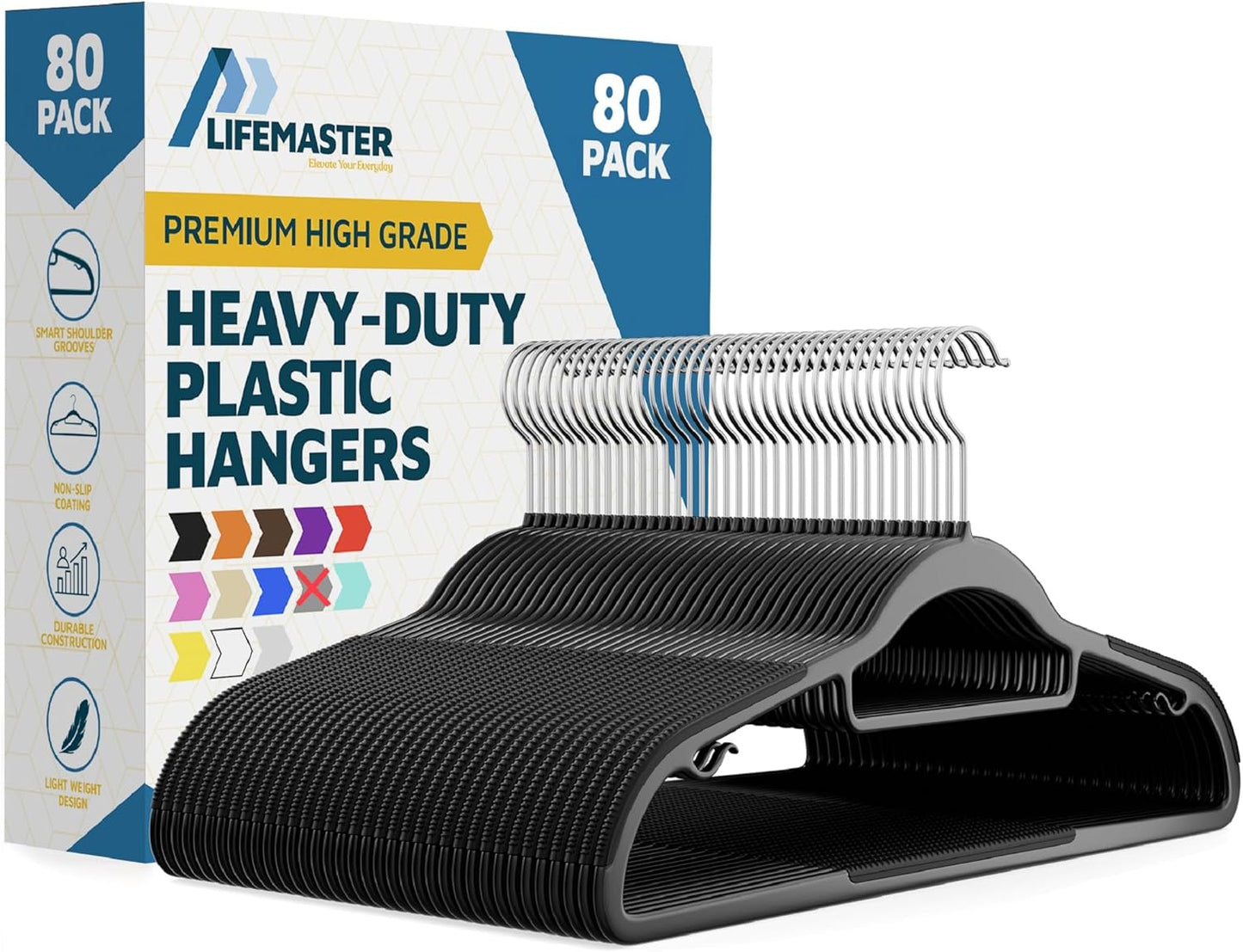 Lifemaster Versatile Clothes Hanger Set - 80 Pieces Space-Saving Dry and Wet Clothes Hanger Set with 360° Swivel Hook and Non-Slip Rubber Design - Black