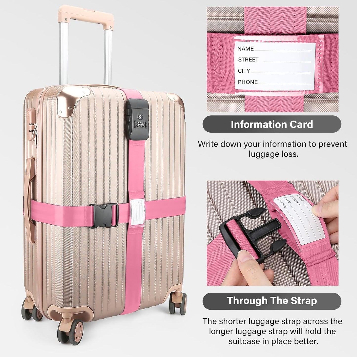 Luggage Straps, Pink TSA Approved Luggage Strap Belt with Combination Lock for Suitcases, 2 Pack Adjustable Heavy Duty Cross Suitcase Straps with Name Tags for Travel, Carry On Bags, Protect Luggage