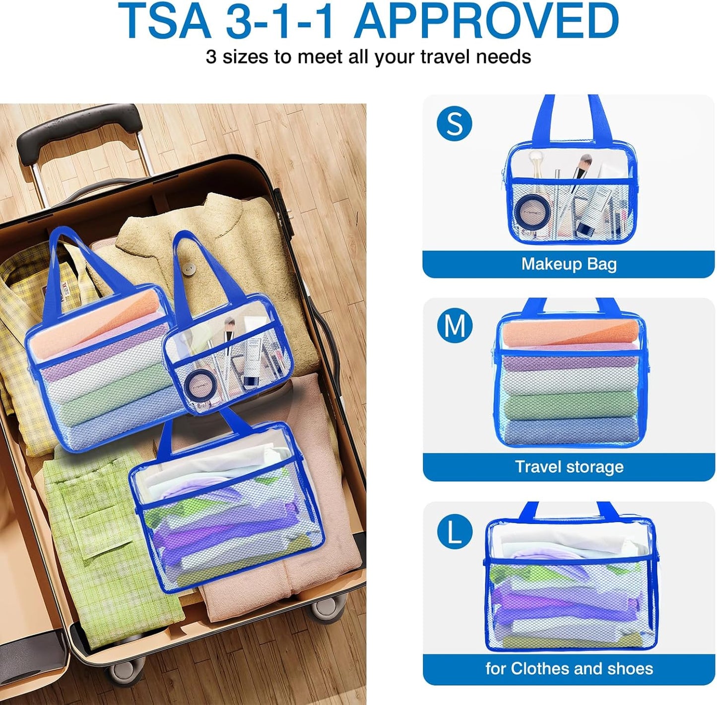XEWEA Clear Travel Toiletry Bags, 3 Pack TSA Approved Transparent Makeup Bag for Men Women, Large Waterproof PVC Quart Organizer with Zipper for Toiletries Airline Essentials,Toy Storage Pouch Blue