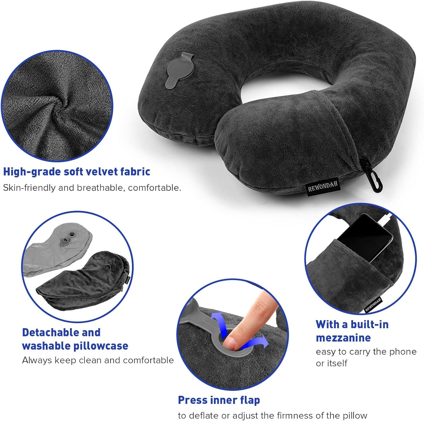 Rewondah Inflatable Travel Pillow, Inflatable Neck Pillow for Traveling Airplane, Travel Pillow with Soft Velour Washable Cover, U Shape Blow Up Neck Pillow for Airplanes Train Car Travel