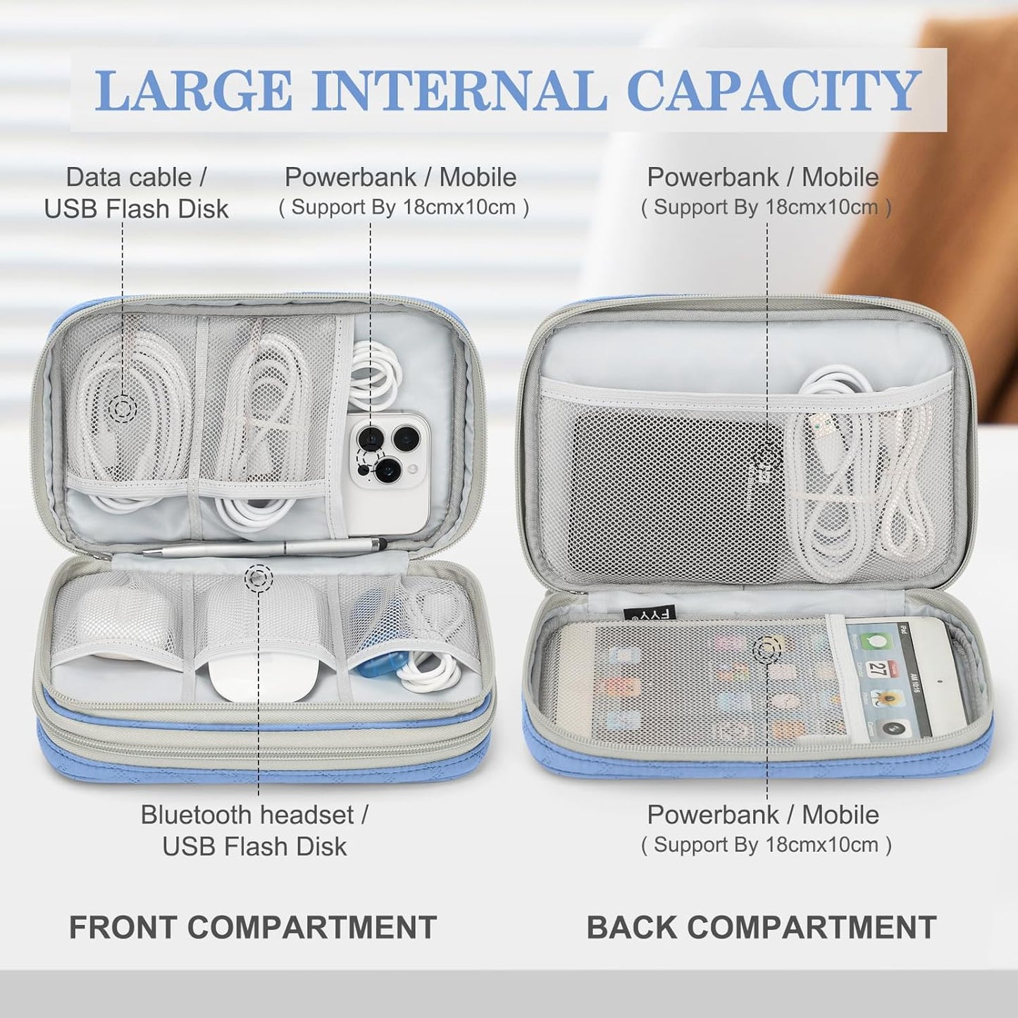 FYY Electronic Organizer, Large Travel Cable Organizer Bag Pouch Electronic Accessories Carry Case Portable Waterproof Double Layers All-in-One Storage Bag for Cable, Cord, Charger, Pattern Blue