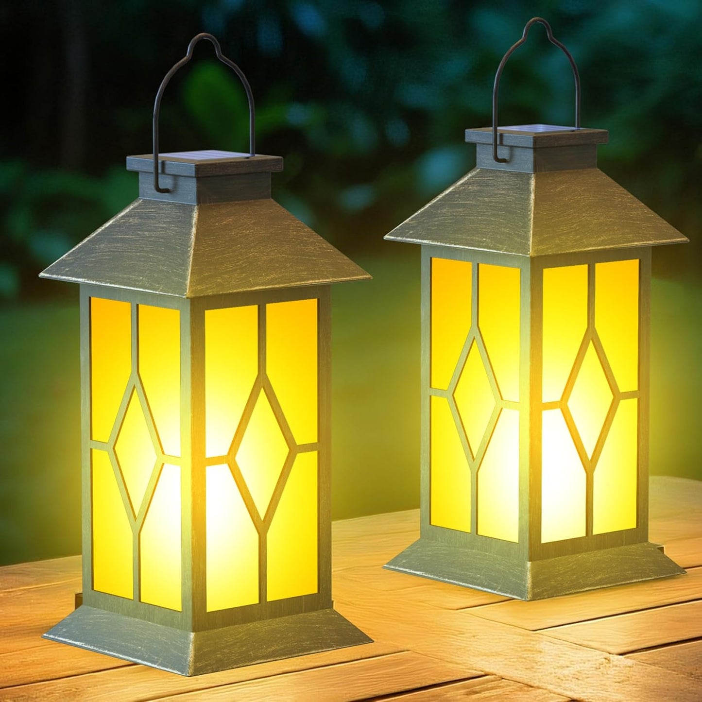 2Pack Patina 13" Metal & Glass Solar Lantern with Flickering Flame, Outdoor Waterproof Hanging Lantern for Garden Patio Yard Pathway Porch Decorative, Vintage Gifts for Mom