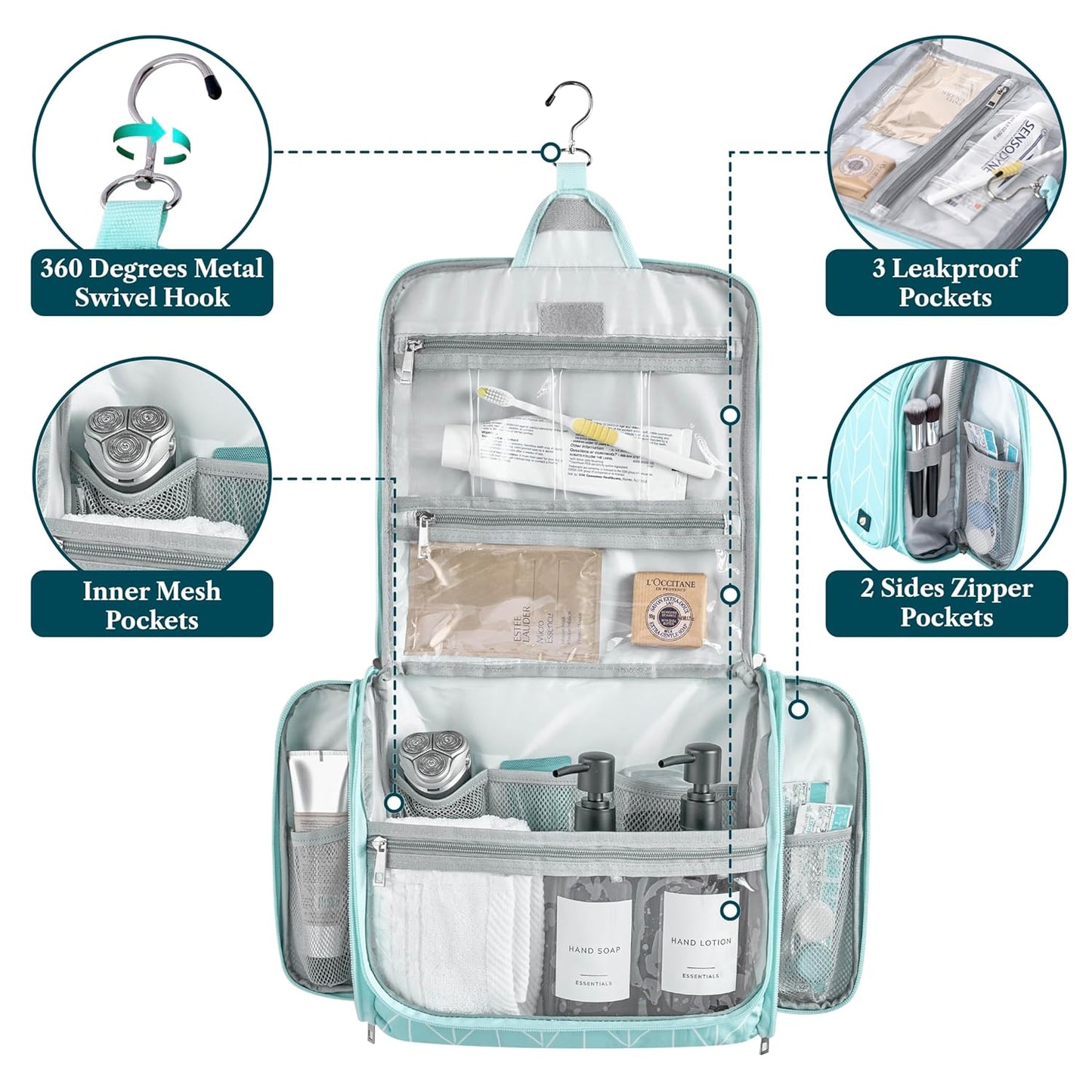 PAVILIA Large Hanging Toiletry Bag Travel Bag Women Men, Cosmetic Organizer, Water Resistant Makeup Bag Accessories Toiletries, Travel Essentials Kit, Teal Chevron