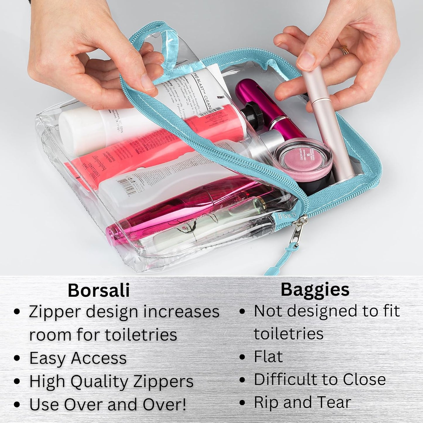 BORSALI TSA Approved Toiletry Bag - Clear Quart Size for 3-1-1 Carry On Travel - Makeup Organizer Cosmetic Pouch with Zipper - Travel Accessories - Light Blue