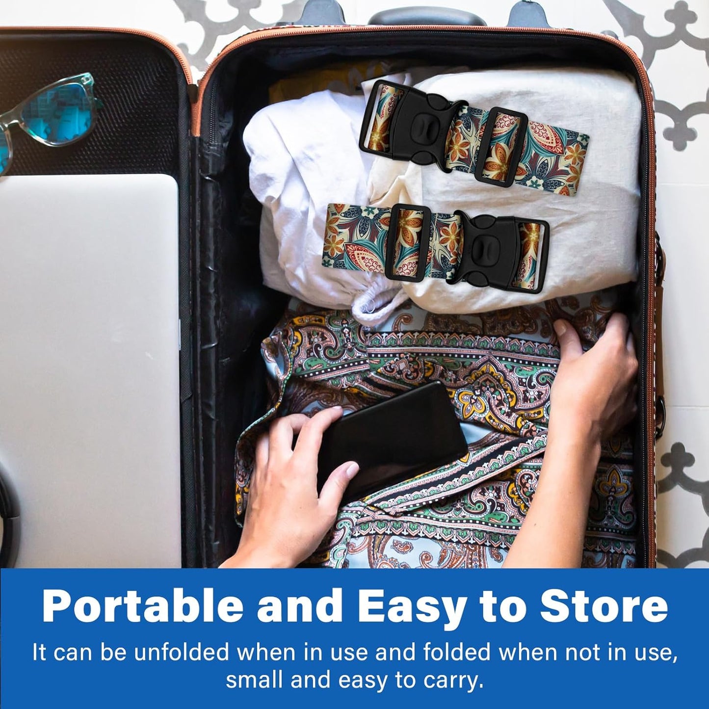 2 Pack Luggage Straps for Suitcases, Adjustable Travel Belt with Double Lock and Quick Release Buckle, Heavy Duty Nylon Bag Packing Strap, Unique Identifiers Business Travel Accessories-Green Flowers