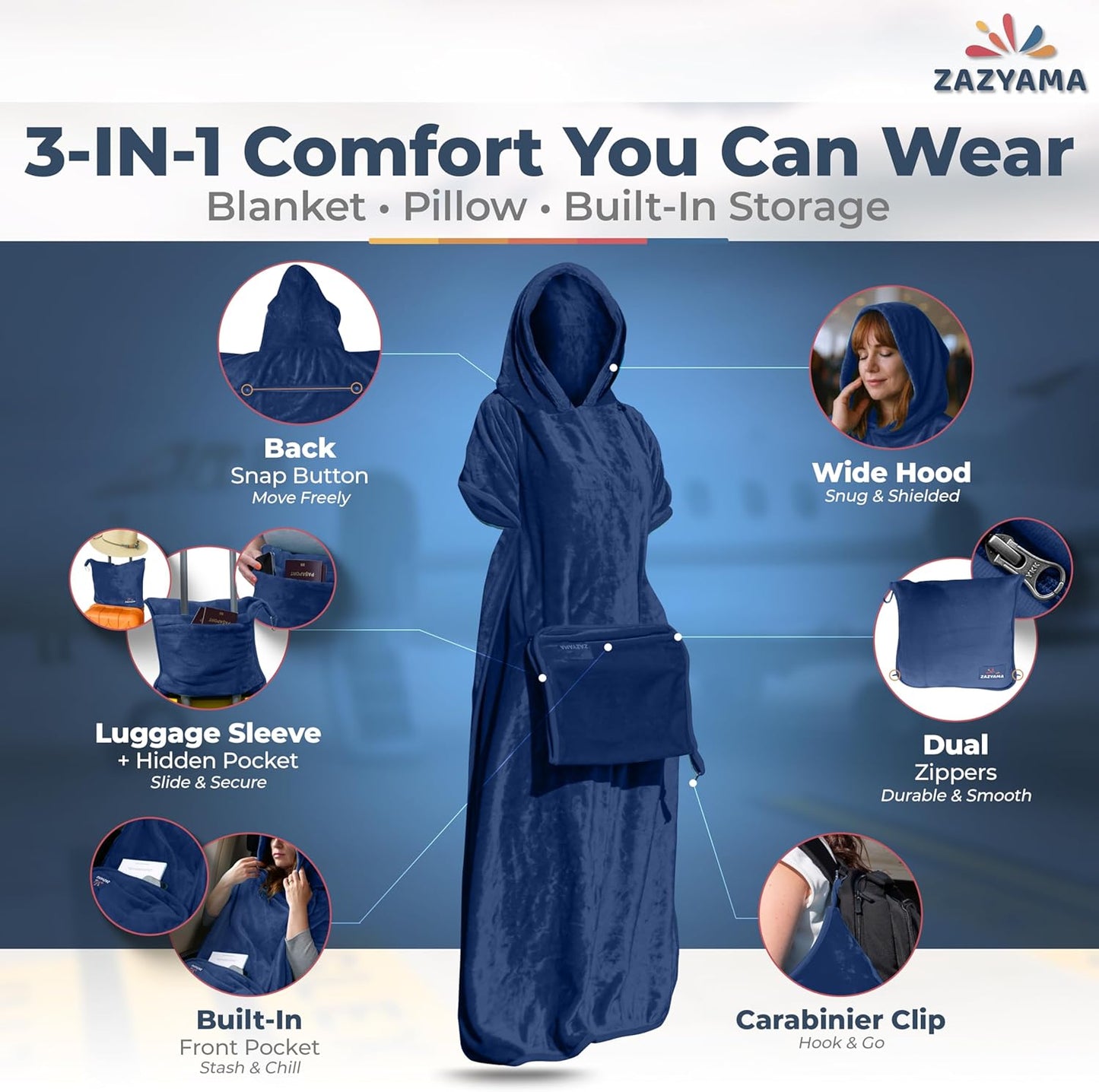 3-in-1 Travel Blanket Airplane – Compact with Bag & Pillow Combo Set, Navy Blue Ultra-Soft Fleece | Packable Blanket Compact | Hidden Pocket | Trolley Sleeve | Carabiner | Travel Essentials