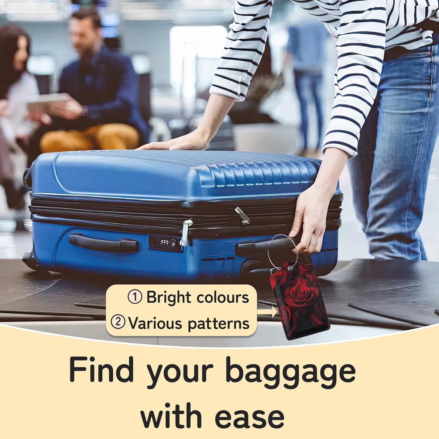 3 Pack Red Rose Luggage Tags for Suitcases, Cute Leather Name Tag with Privacy Cover with Stainless Steel Loops, Travel ID Bag Tags for Women Men