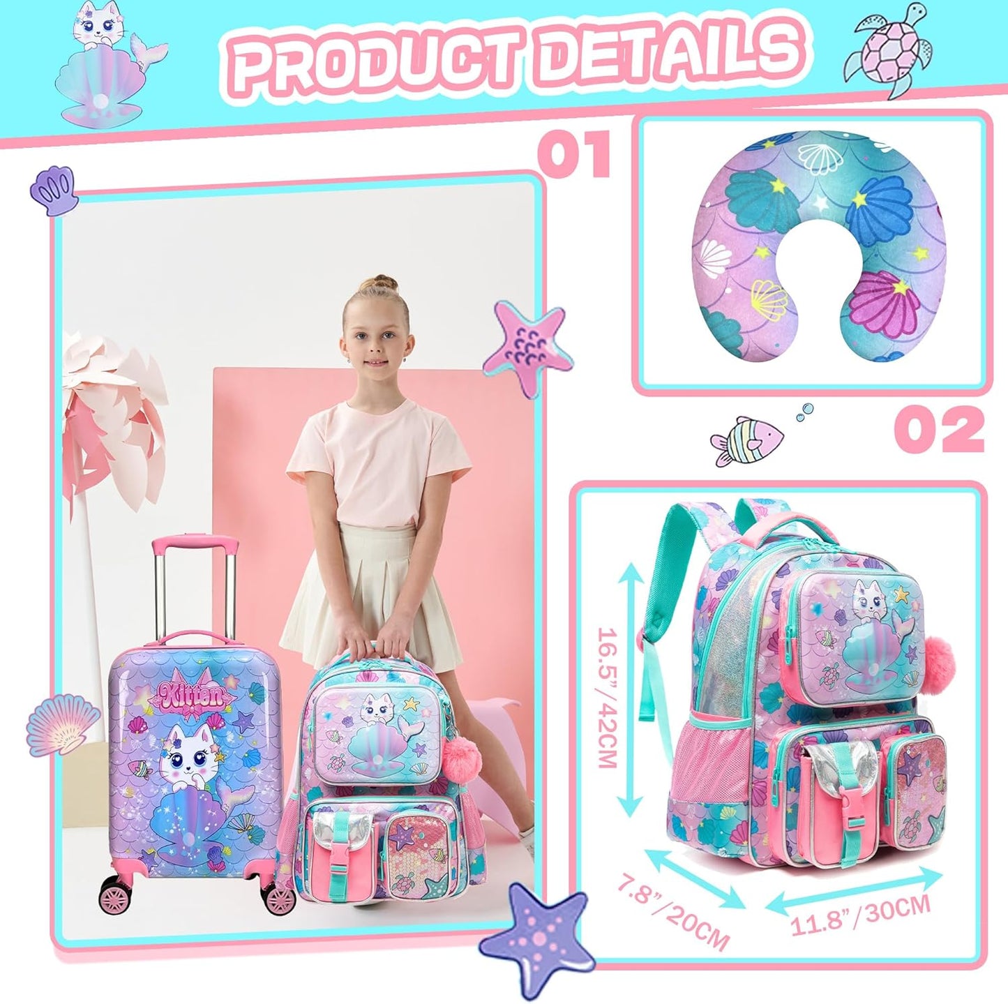 Cute Cat Kid’s Luggage Set 5 Piece Suitcase Set 16’’ Hardside Luggage with Spinner Wheels Girls Boys Carry on Toddler Luggage Travel Rolling Luggage Airline Approved