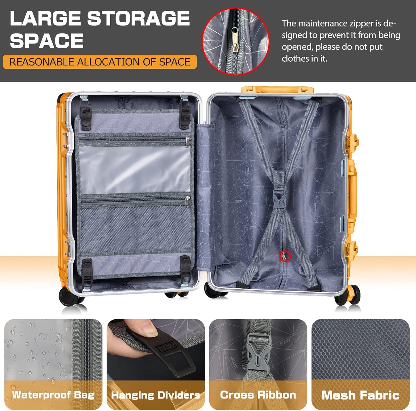 AnyZip Luggage Aluminium Frame Suitcase Hard Shell TSA Lock No Zipper 28In Orange