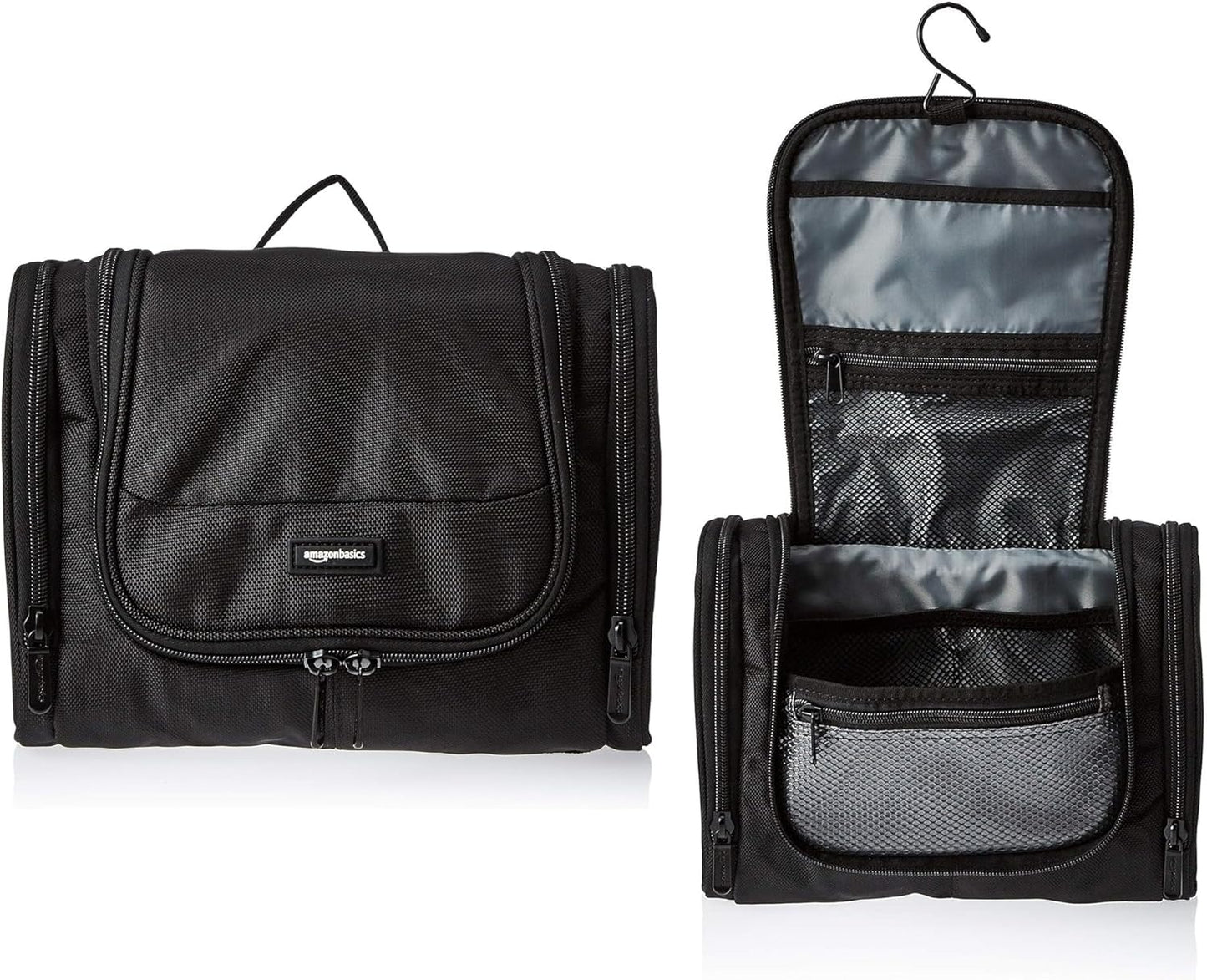 Amazon Basics Travel Toiletry Bag for Men and Women, Hanging Toiletry Bag, Dopp Kit with 2 Side Pockets, Multiple Interior Pockets, Durable 1680D Polyester, Handles Bathroom Spills/Splashes, Black
