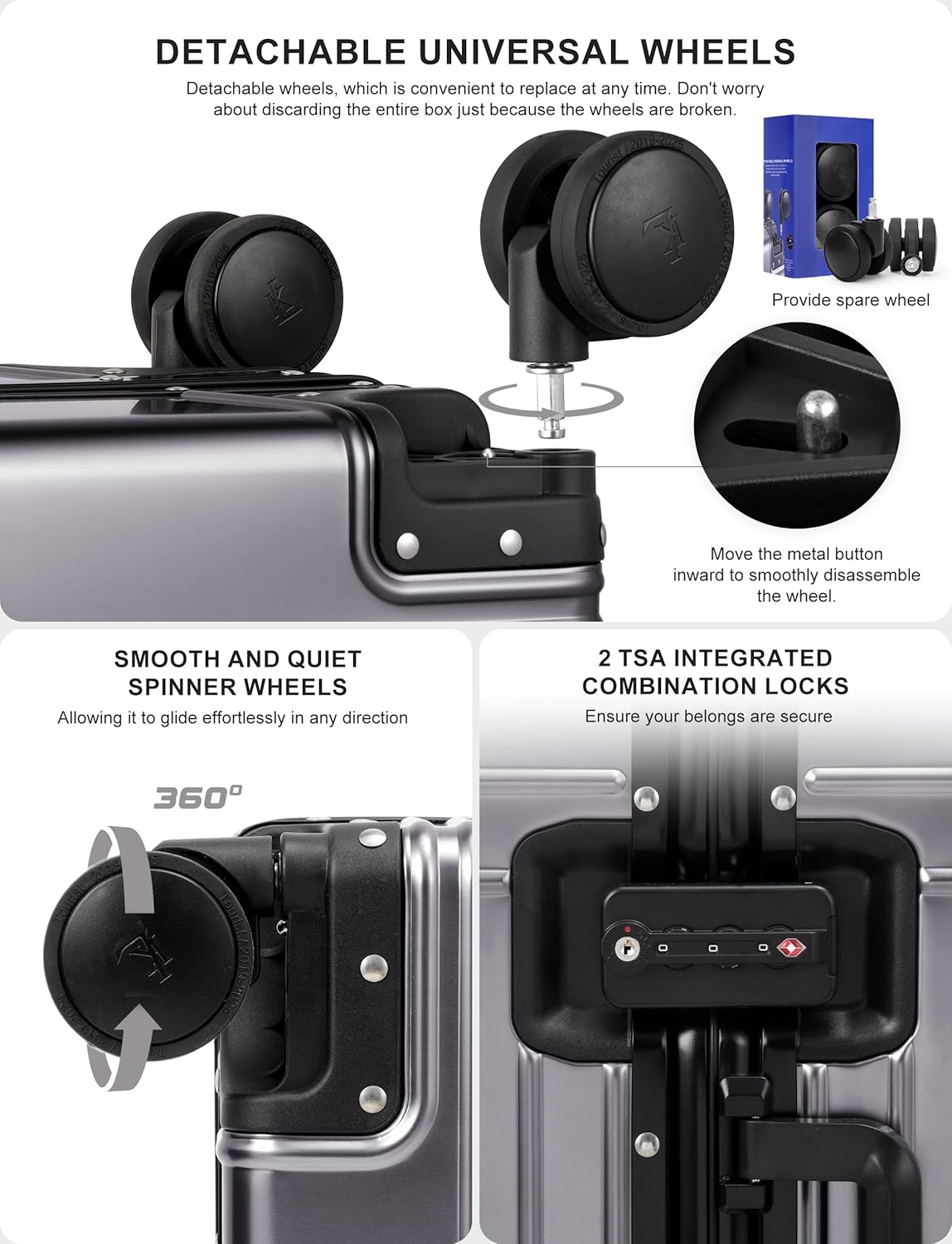 All Aluminum Carry On Luggage，Cut from Whole Aluminum Sheet，22x14x9 Airline Approved ，（3rd Generation，Premium Metal zipperless suitcase ） (grey, 24inch)