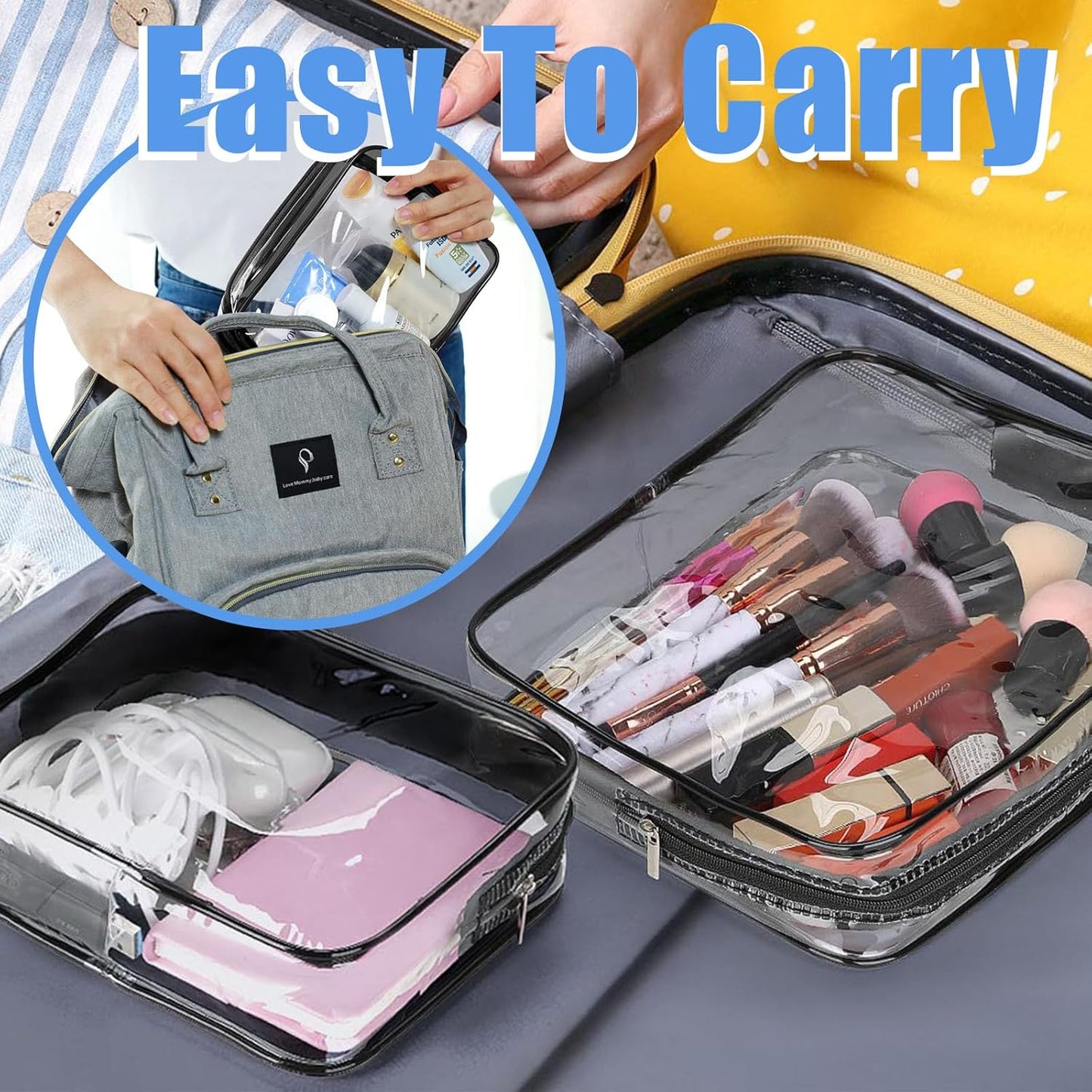 12 Pcs Clear Toiletry Bag PVC Waterproof Zippered PVC Cosmetic Makeup Carry Pouch TSA Approved Toiletry Bag for Travel Clear Organizer Storage Bags (Medium, Black)