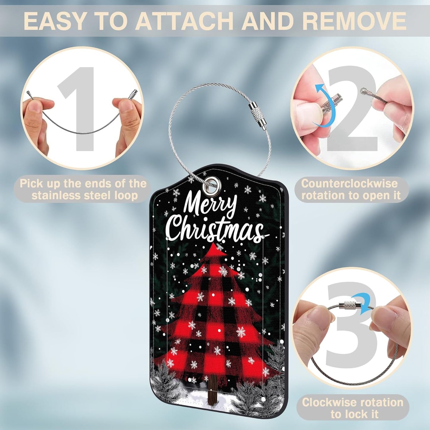 2 Pcs Red and Black Checkered Christmas Tree Luggage Tags for Suitcases PU Leather Truck Baggage Tags Name ID Label with Privacy Cover and Stainless Steel Loop for Men Women Travel Bag Suitcase