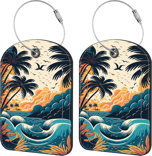 2 Pack Cute Luggage Tag for Suitcases Summer Beach Leather Luggage Tags with Stainless Steel Loop Privacy Flap Name Tags,Men and Women Travel Bag Suitcase Tags