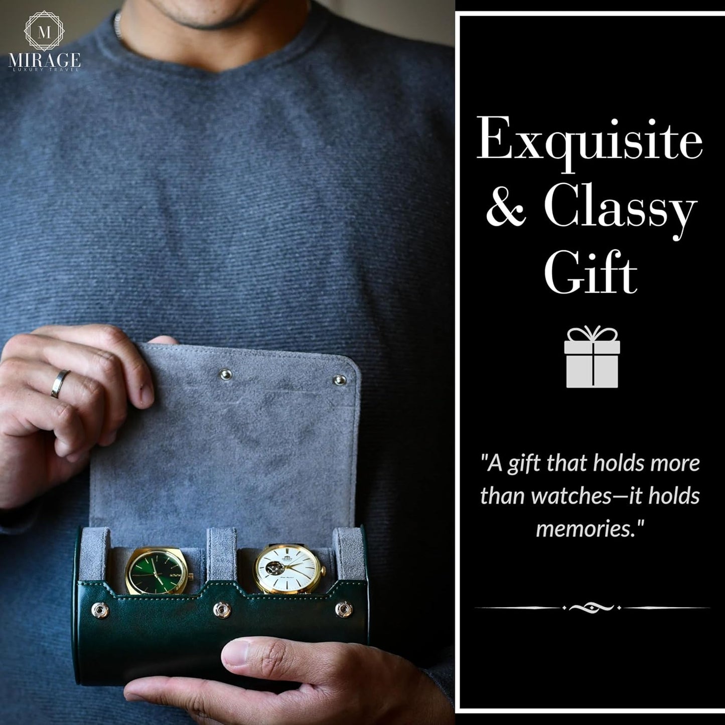 2 Watch Travel Case for Men- Watch Roll Holder and Display - Royal Green Swiss Motif Vegan Leather