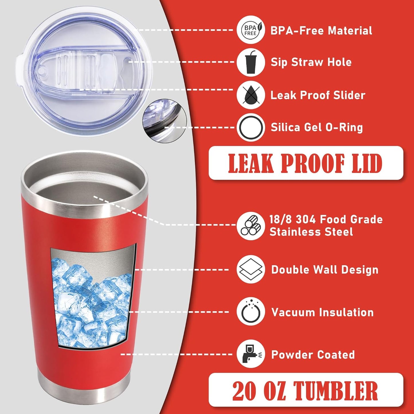 20 oz Tumbler Coffee Tavel Tumblers Bulk with Lid Stainless Steel Double Wall Vacuum Insulated Mug Powder Coated Cups fit Car Cupholder for Hot and Cold - Red, 12Pack