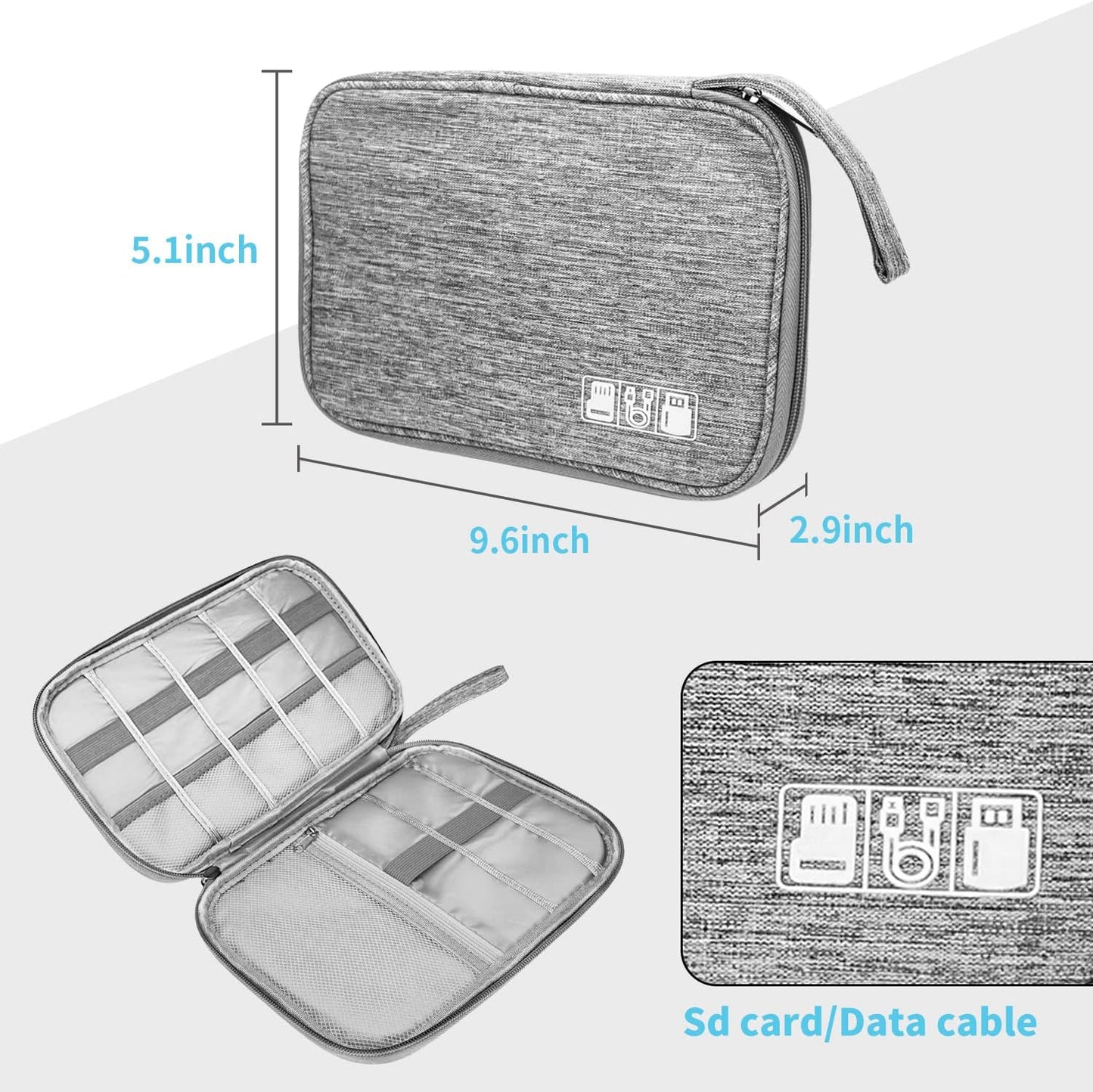Electronics Organizer Travel Case,Electronic Accessories Storage Bag,Portable Waterproof Cable Organizer Bag,with 5 Cable Ties，for Travel,Work-Grey