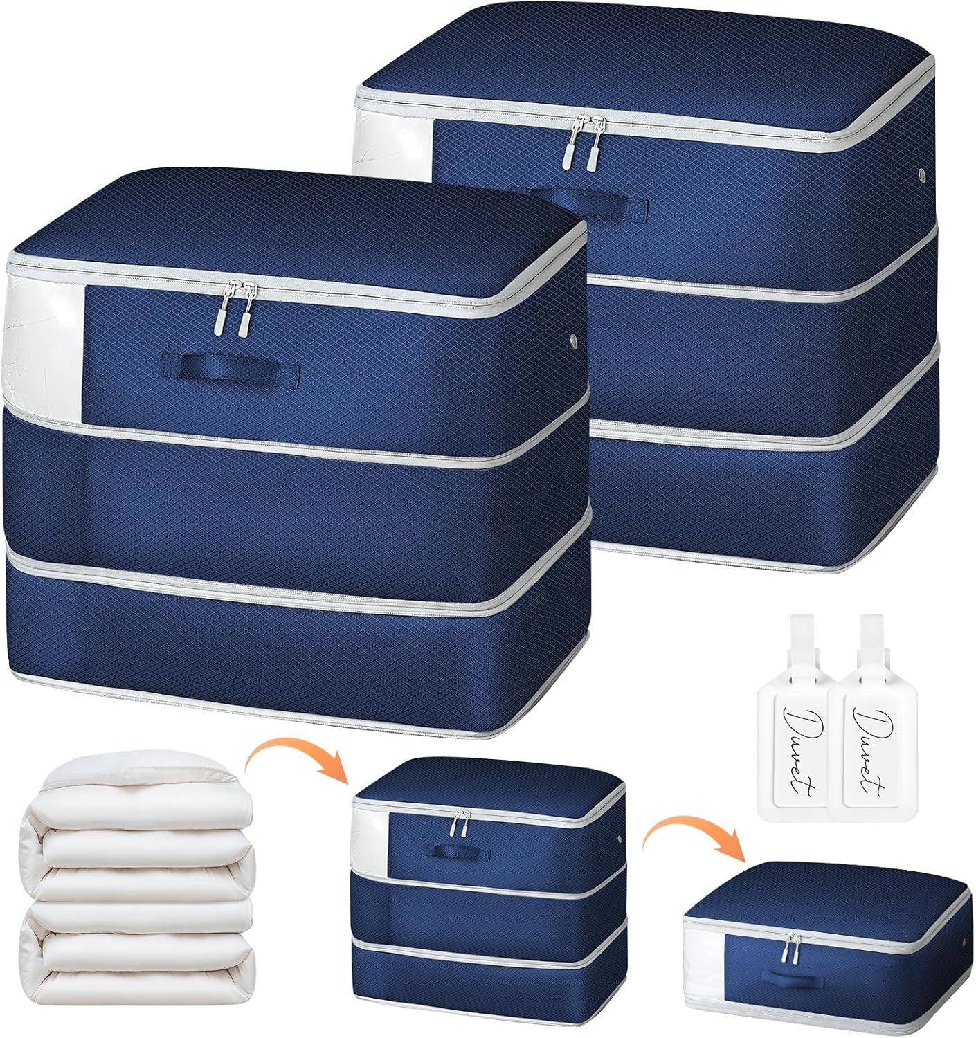 Comforter Storage Bag - Large Capacity Blanket Storage Bags 3-Layer Ultra Space Saving Self Compression Organizer, Washable Compression Bags for Storage Comforter Blanket, 2-Pack, Navy Blue