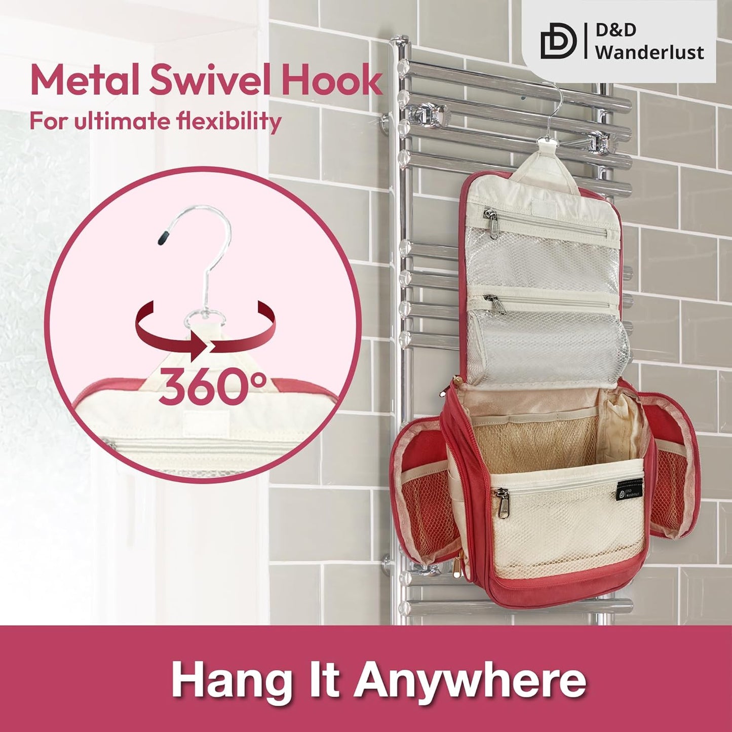 D&D Hanging Travel Toiletry Bag for Men and Women – Large Cosmetics, Makeup and Toiletries Organizer Kit with 10 Compartments, YKK Zippers, XXL Metal Swivel Hook, Water-Resistant Nylon