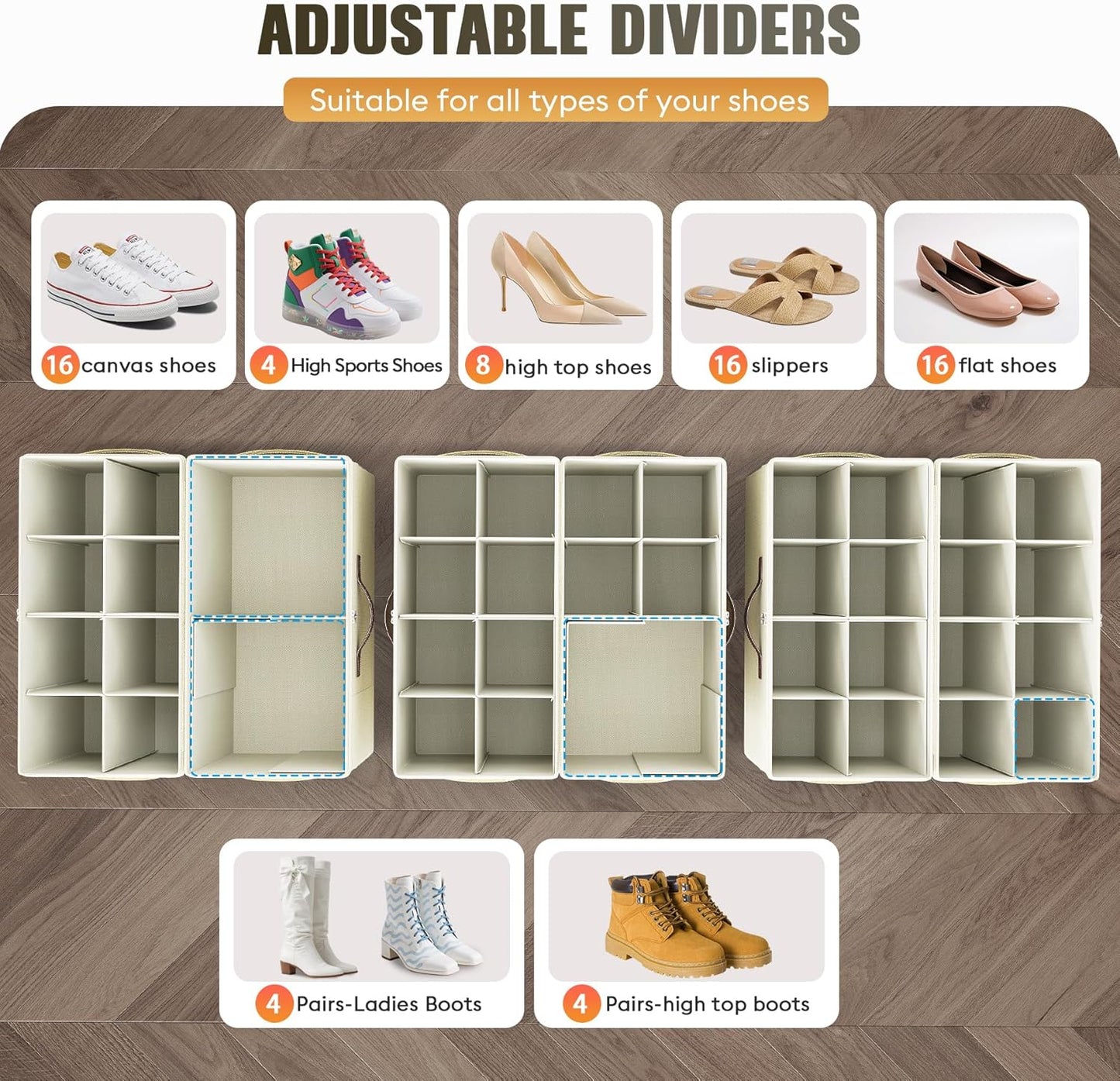 Budding Joy 2 Pack Shoe Organizer for Closet, Clear Foldable Shoe Storage Containers Adjustable Dividers Fits 16 Pairs,Shoe Storage Bins Baskets Boxes with Reinforced Handles Beige Yellow