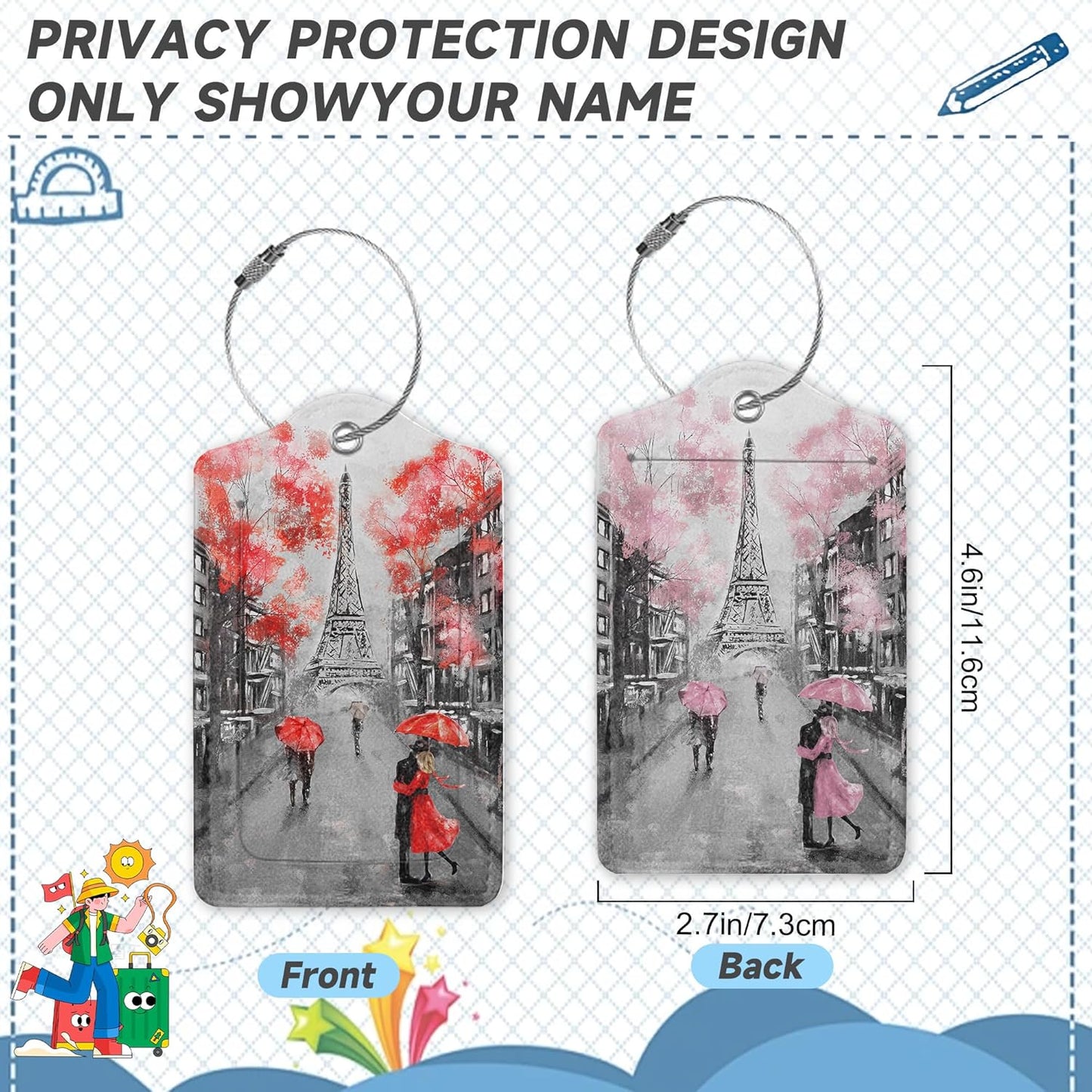 Set of 2 Luggage Tags for Suitcases, Leather Romantic Eiffel Tower Baggage Tags with Stainless Steel Loop, Privacy Name ID Card Cover Kawaii Travel Labels for Women Men Kids Girls