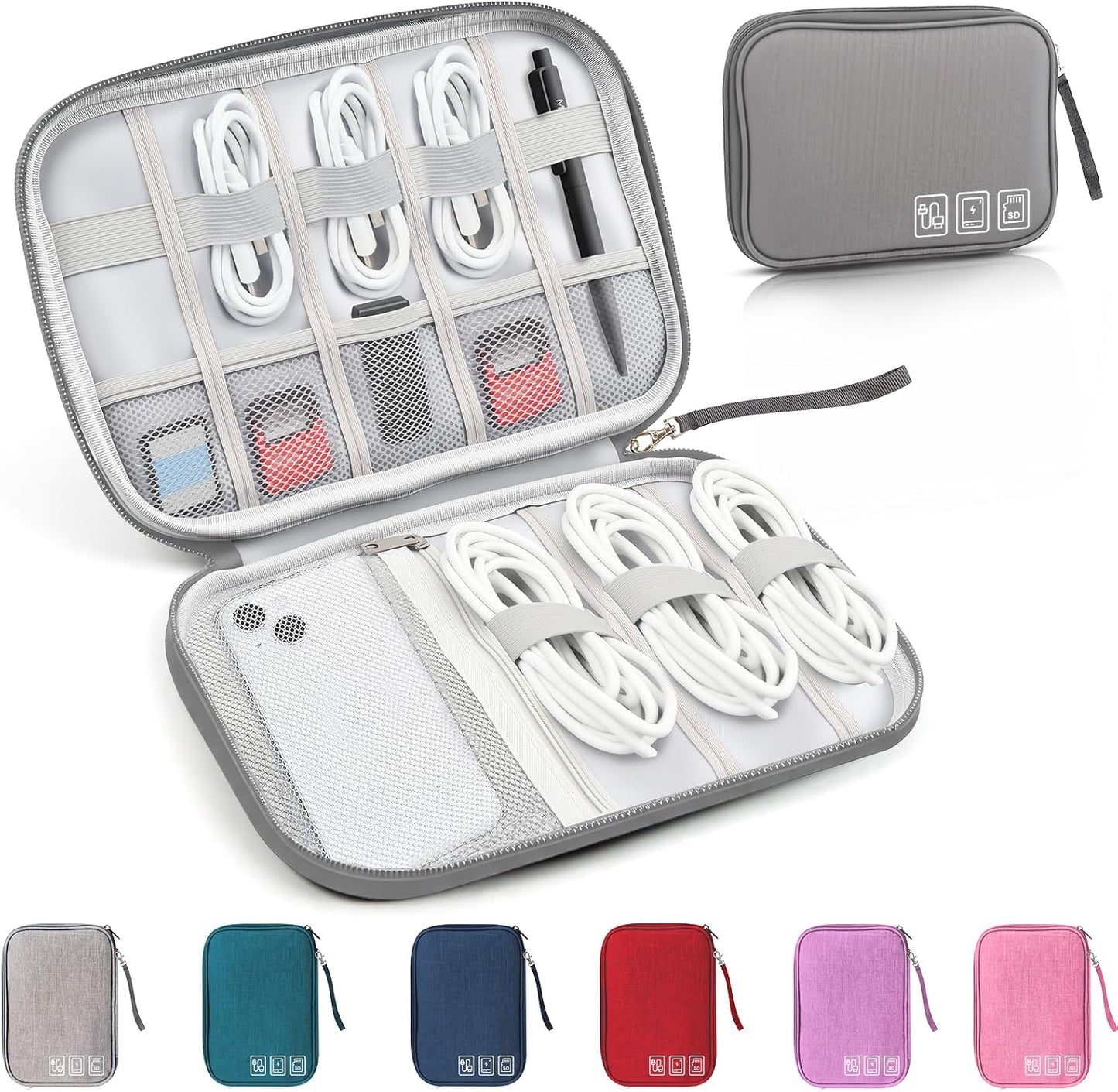Travel Cable Organizer Bag, Electronics Organizer Tech Pouch with Double Layers for Cords, Chargers, Phone, Earphones, USBs, SD Cards - Travel Essentials Portable Waterproof Tech Pouch
