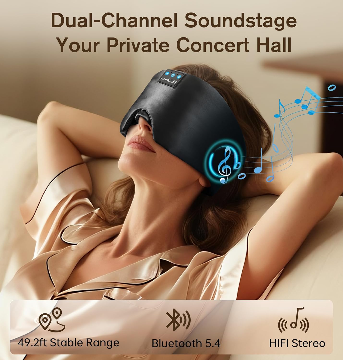 LC-dolida Luxurious Silk Soft Sleep Mask, Sleep Headphones with Bluetooth 5.4 for Side Sleeper, Total Blackout Eye Sleeping Mask for Women and Men, Ideal Gift for Restful Sleep, Travel(Black)