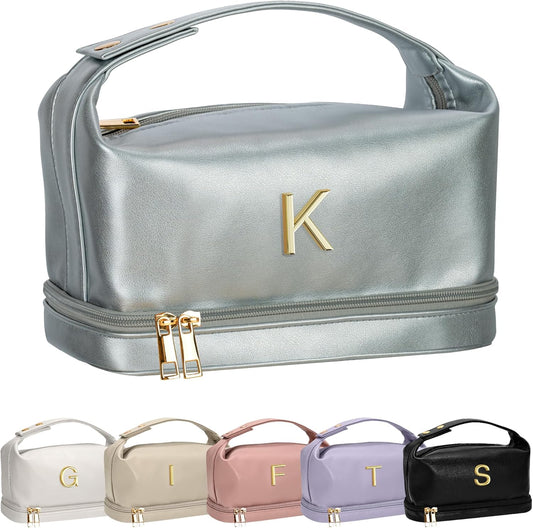 Gifts for Young Women, Personalized Makeup Bag with Handle, Initial Double Layer Cosmetic Bag with Makeup Brush Organizer, Cute Cosmetic Pouch for Women, Gifts for Friends Female Mom