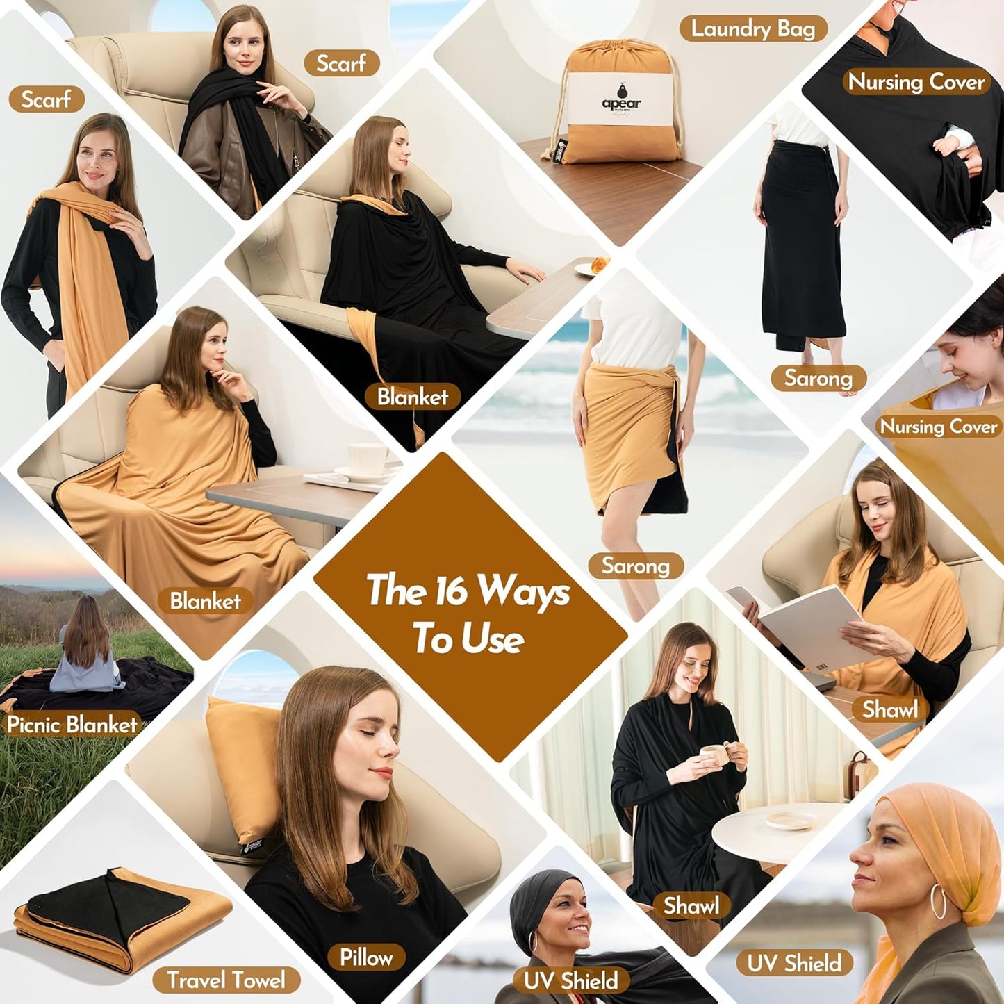 16-in-1 Compact Travel Blanket with Bag – Reversible, Ultra Soft Bamboo Airplane Blanket with Hidden Pocket - Lightweight & Packable for Flights, Camping, Picnic, Travel Essentials