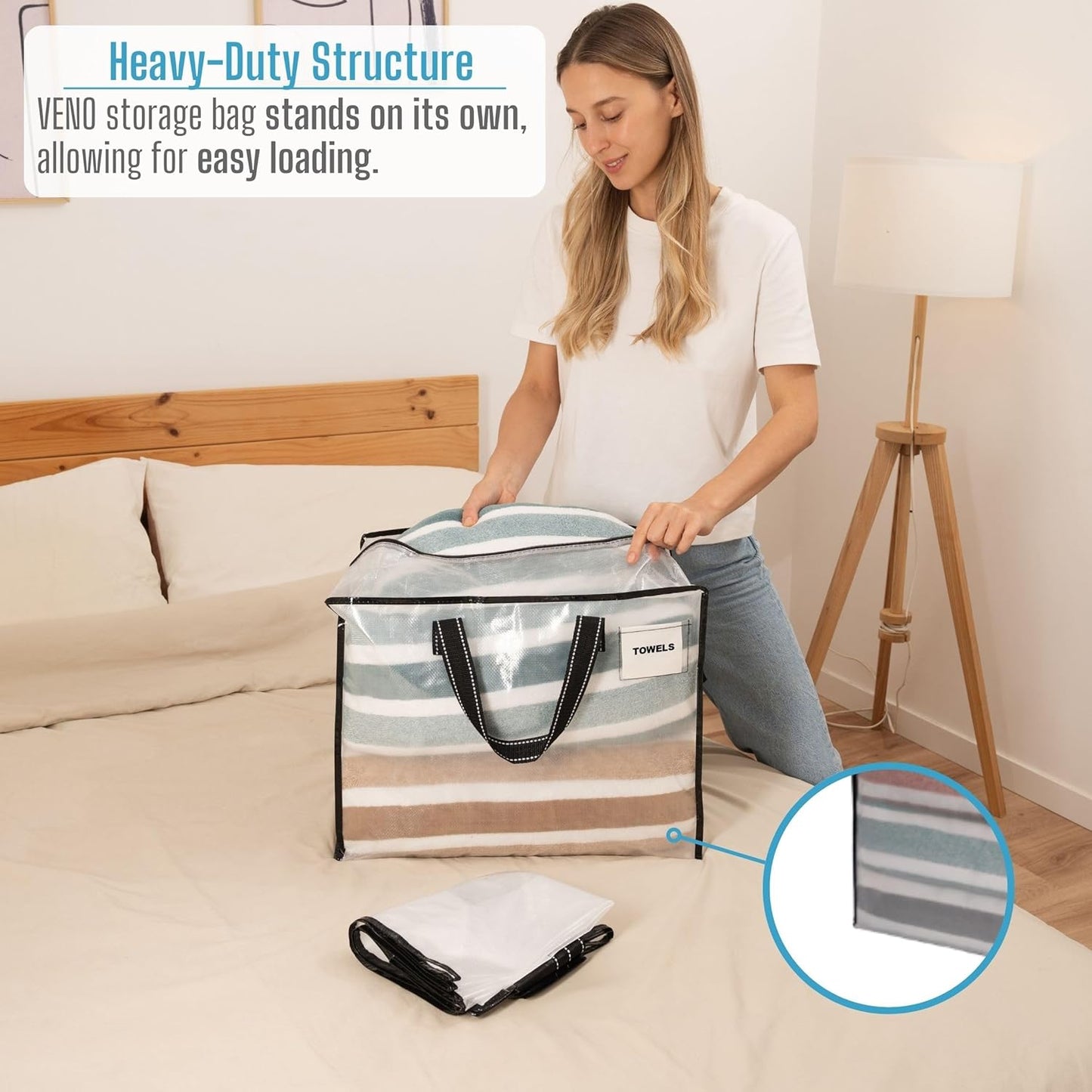 VENO 4 Pack Heavy Duty Moving Bags, Storage Bags, Packing Supplies, Top Zipper, Storage Totes for Camping, Clothes, Bedding, Comforters, Pillows (13 Gallon Clear, 4 Pack)