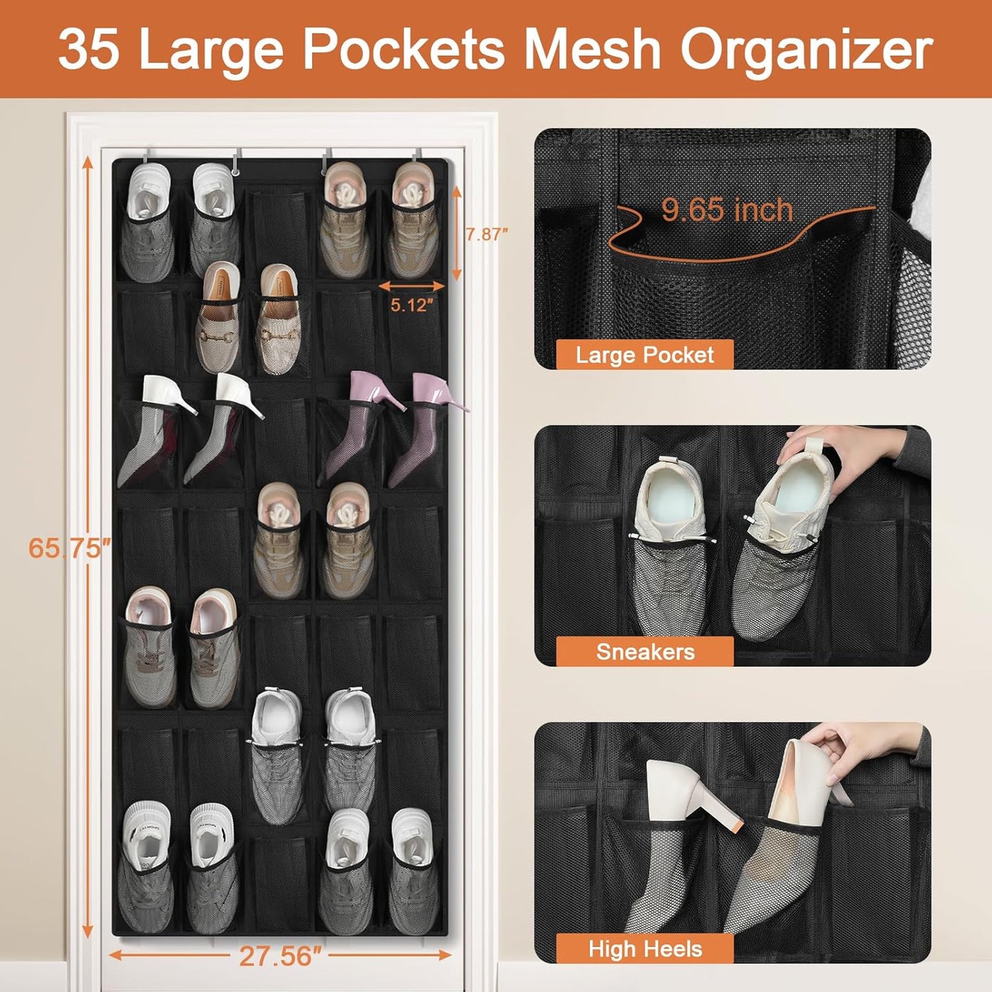 FENTEC 35 Large Pockets Over The Door Shoe Organizer, Mesh Hanging Shoe Organizer Shoe Rack for Closet Mesh Closet Shoe Holder, Over Door Organizer, Shoe Organizer for Wall, Black, 1 Pack