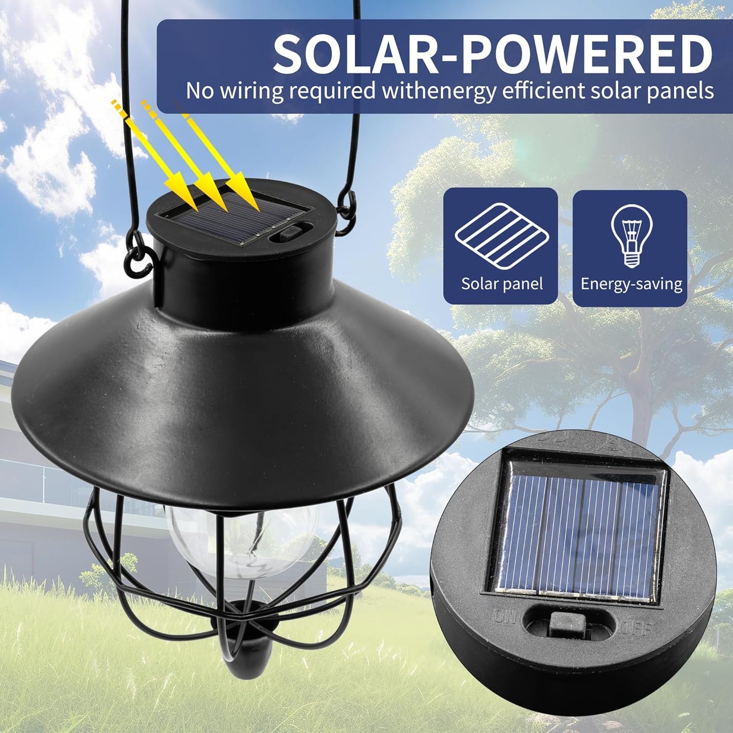 2 Pack Solar Lanterns Outdoor Waterproof Hanging Solar Lights with Vintage Metal Warm White Light Edison Bulb Design, Decorate for Garden Yard Porch and Christmas(Black)