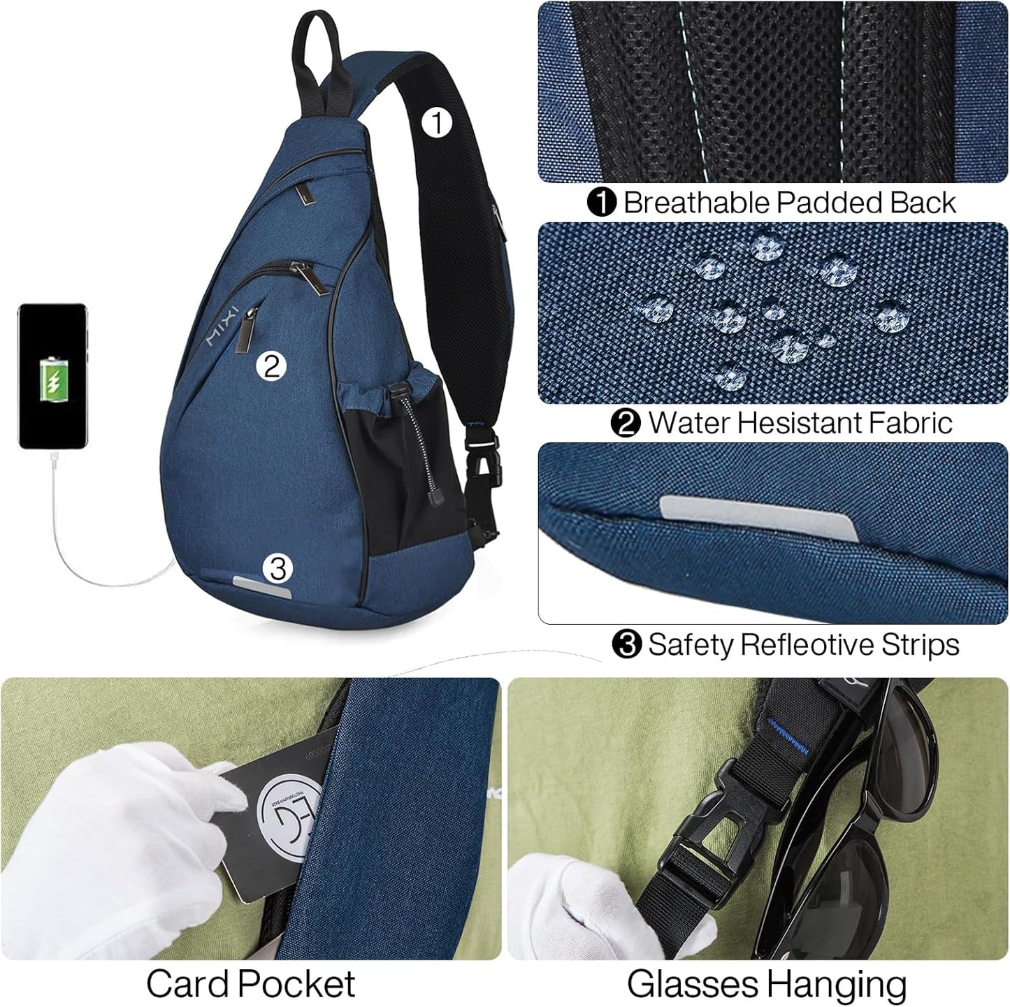 mixi Sling Bag Men Backpack Unisex One Shoulder Bag Hiking Travel Backpack Crossbody with USB Port for Men Women Versatile Casual Daypack-19 inch,Dark Blue