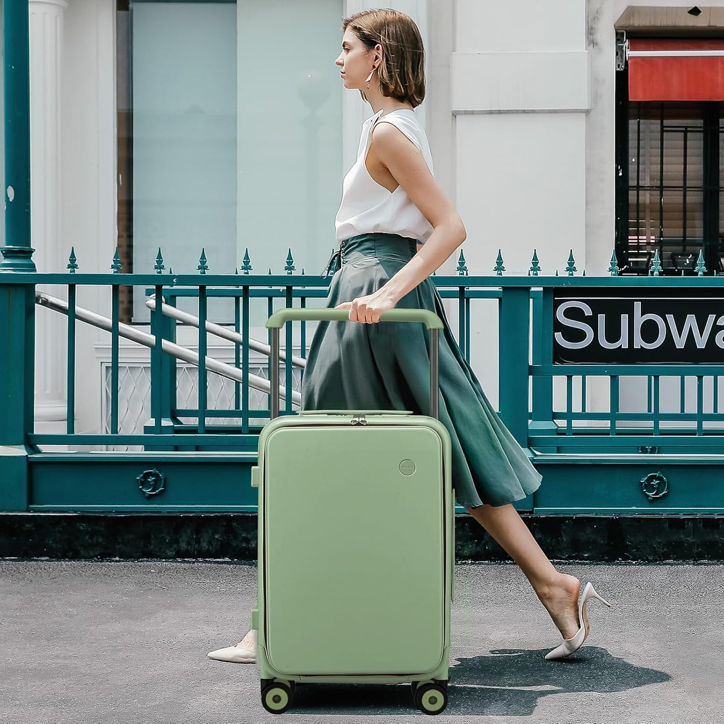 mixi Checked Luggage Wide Handle Luxury Design Rolling Travel Suitcase PC Hardside with Aluminum Frame Hollow Spinner Wheels, with Cover, 24 inch, Avocado Green