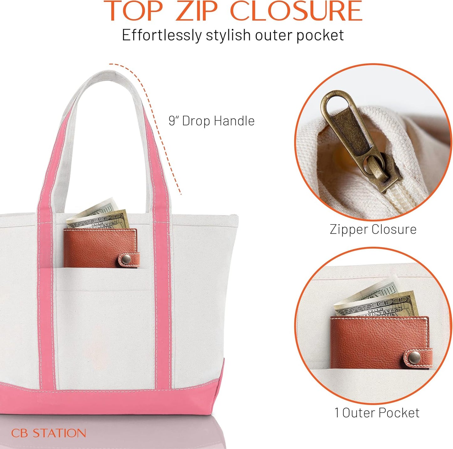 CB STATION Medium Classic Canvas Tote Bag for Women, Top Zipper Closure, Outer Pocket, Daily Essentials, Groceries, Traveling