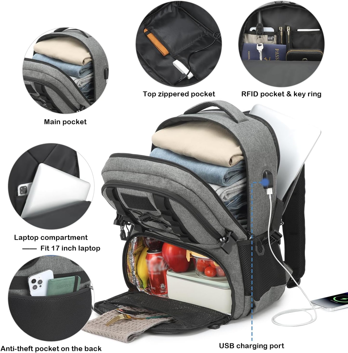 Laptop Lunch Backpack for Men - 40L Large Capacity Work Backpack with Lunch Compartment and USB Post, RFID Insulated Cooler Backpack for Work, Travel, Picnic, Black+Gray