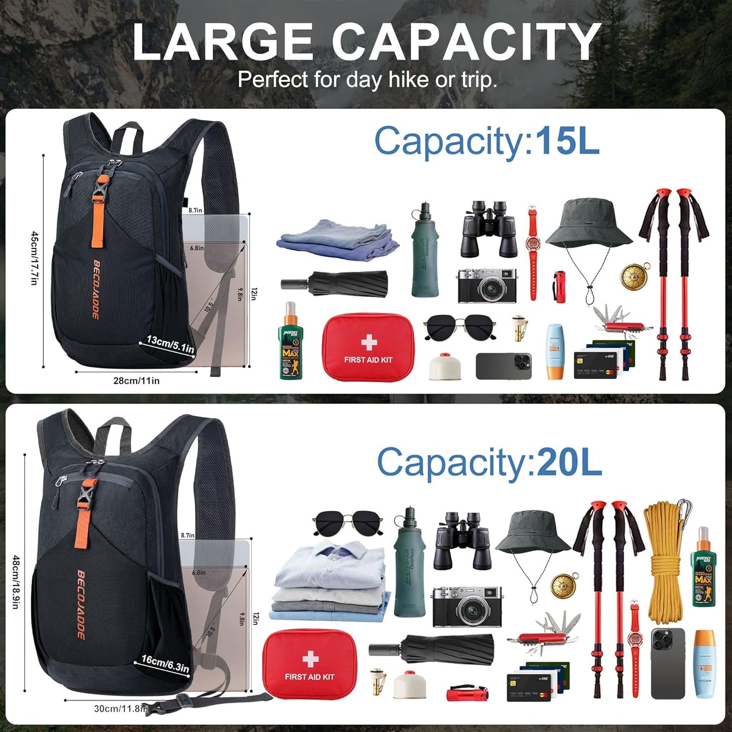 15L Small Hiking Backpack for Men Women Foldable Packable Back Pack Ultralight Hiking Daypack for Travel Camping Outdoor, Black