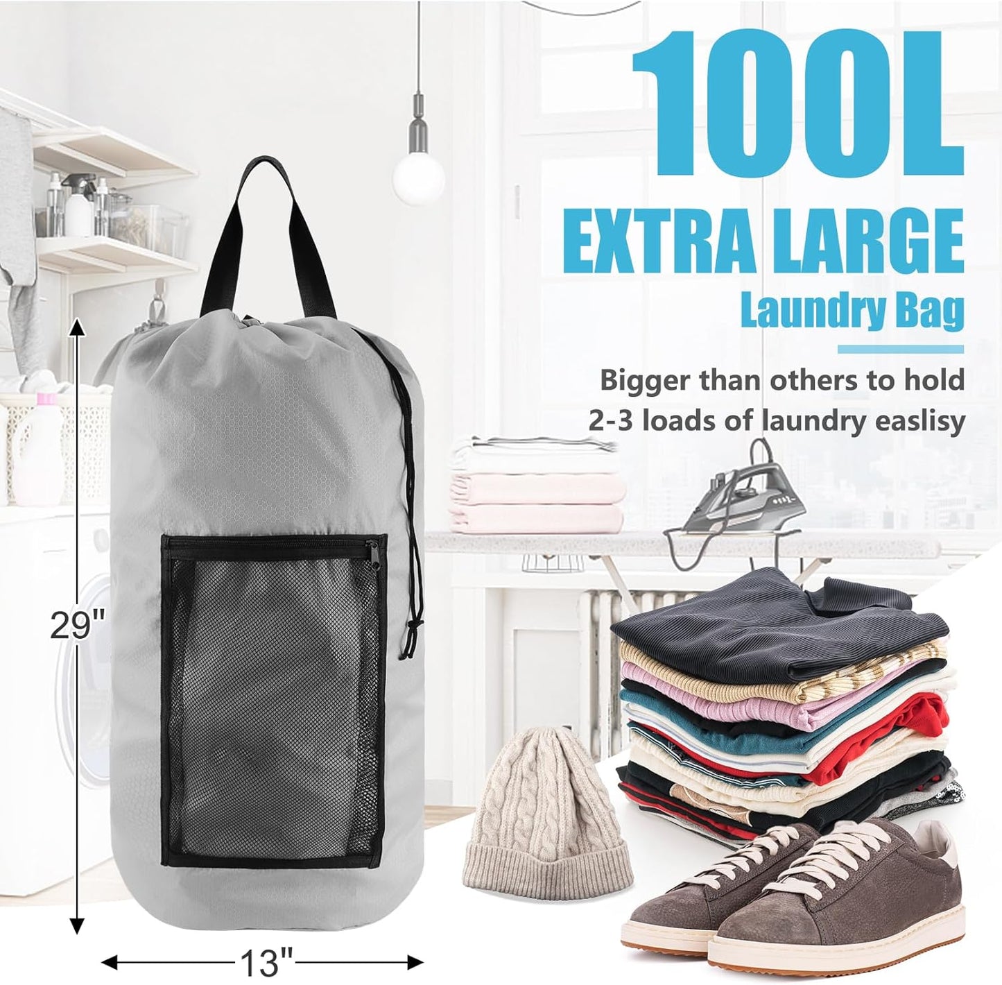 Laundry Bag Backpack, Extra Large Travel Laundry Bag with Mesh Pocket & Adjustable Shoulder Straps,Dirty Clothes Travel Bag for College Students Dorm,Apartment(Light Gray)