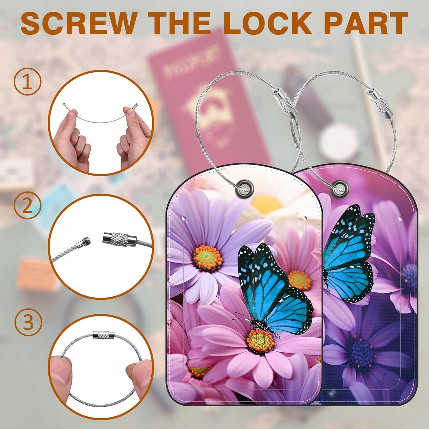 2 Pack Luggage Tag for Suitcase Purple Daisy and Butterfly Leather Suitcase Tags with Privacy Name ID Label and Stainless Steel Loop for Travel Bag