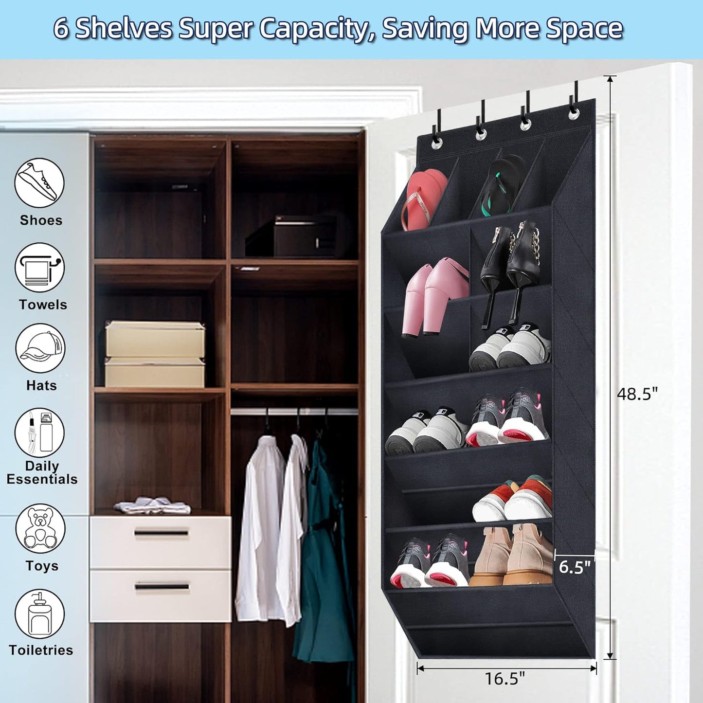 Over The Door Shoe Organizer, 2 Pack Hanging Organizer with Large Deep Pockets, Rack for Closet and Dorm Narrow Door, Holder Black