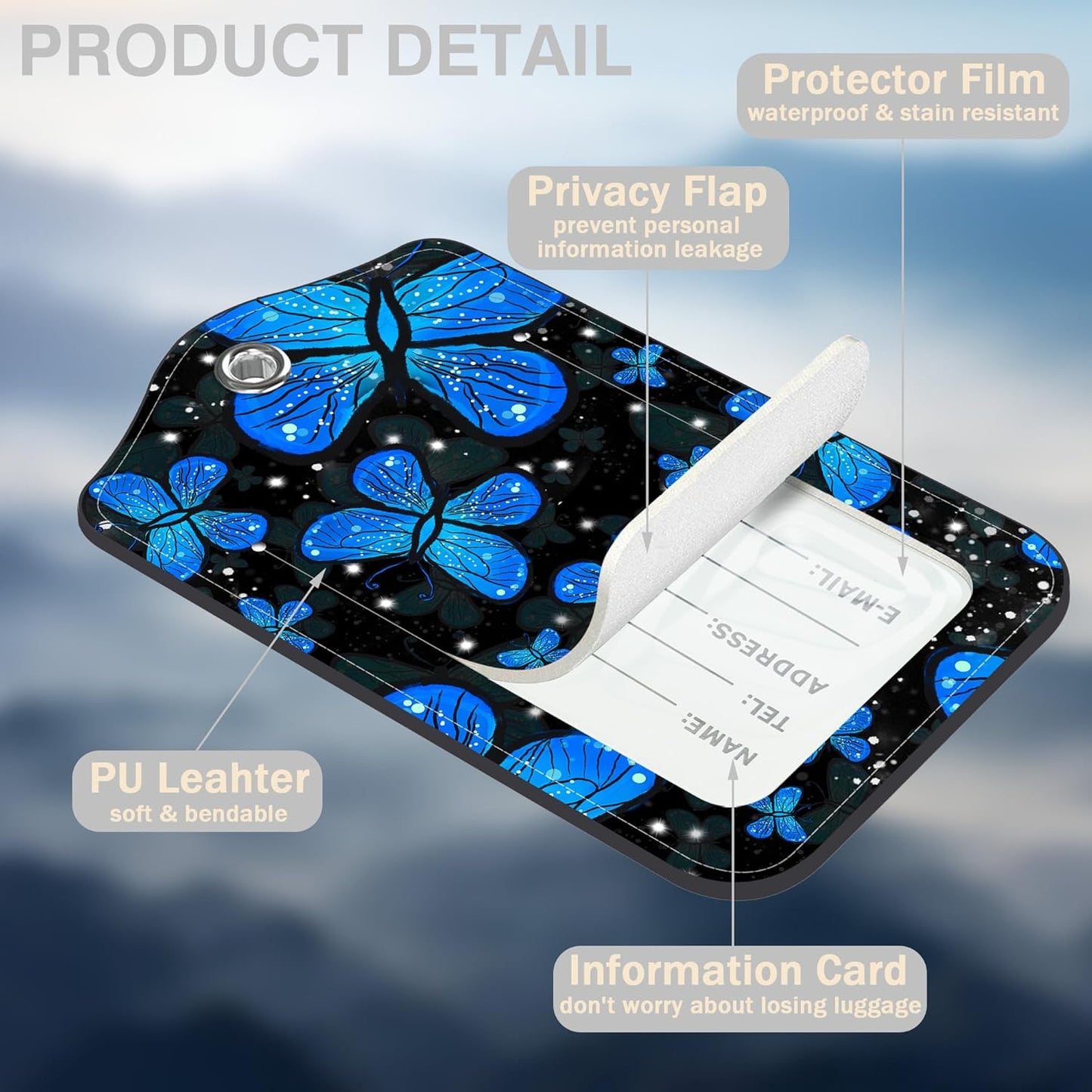 2 Pack Luggage Tags for Suitcases Blue Butterfly Leather Luggage Tags Privacy Cover ID Label with Stainless Steel Loop and Address Card for Women Men Travel Bag Backpack